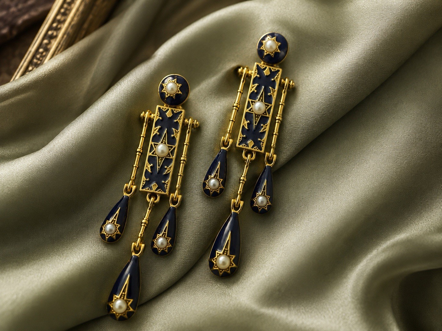 Antique Pearl Star Earrings Art Gold Court Deco Museum VTG Celestial Palace Boho