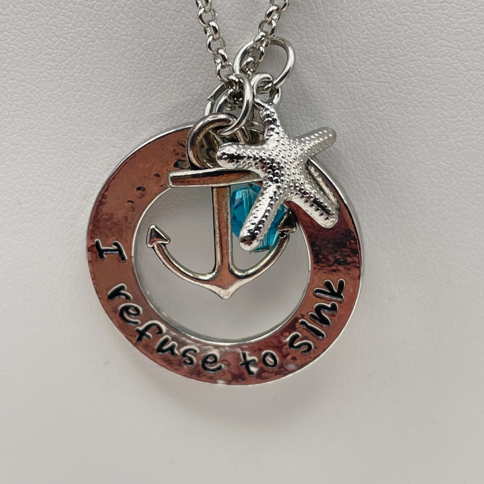 Vintage Y2K Silver Tone I Refuse to Sink Anchor Starfish Teal Crystal Necklace