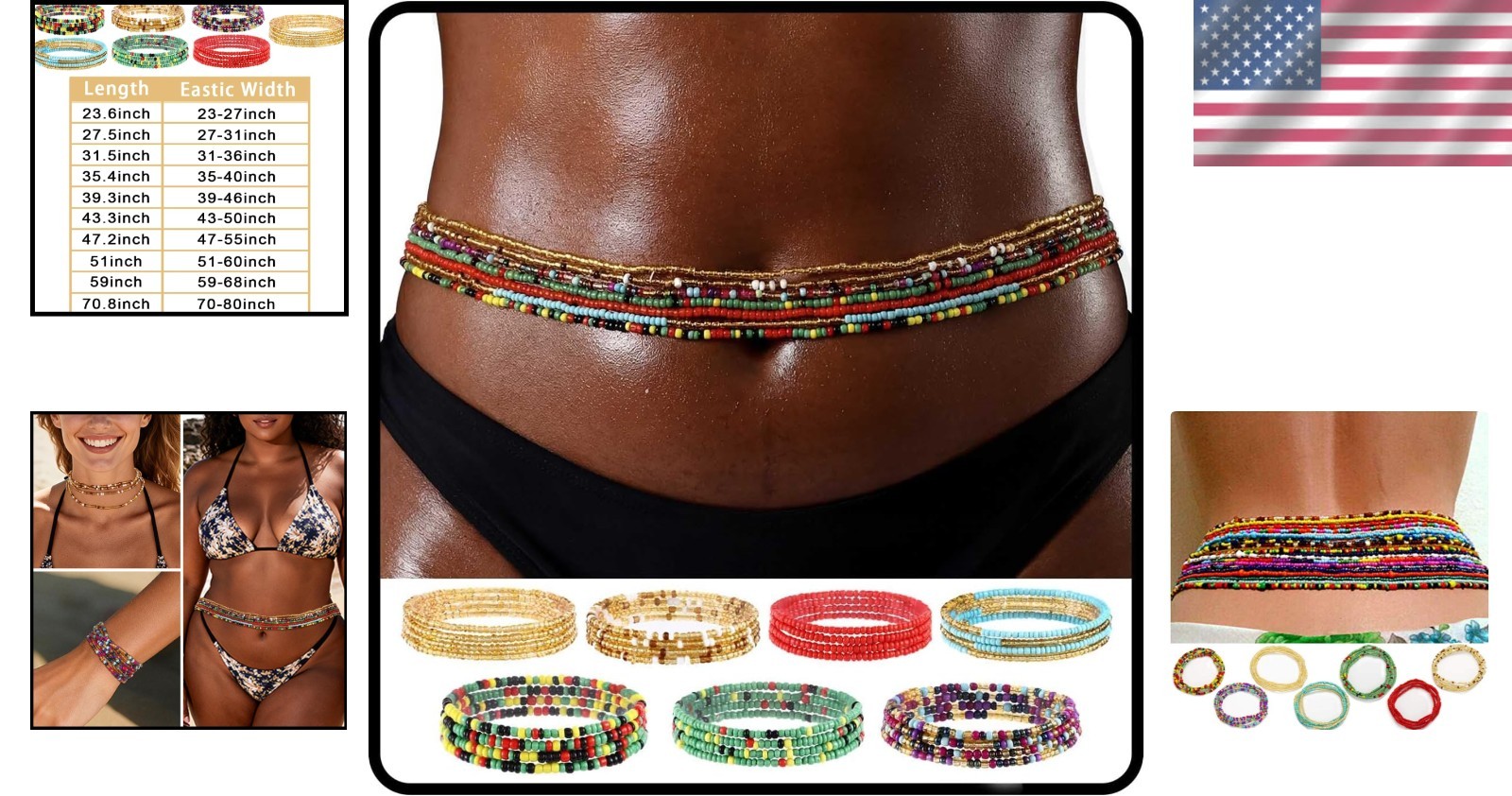 Colorful African Waist Beads – 7-Pack Adjustable Chains for Every Occasion