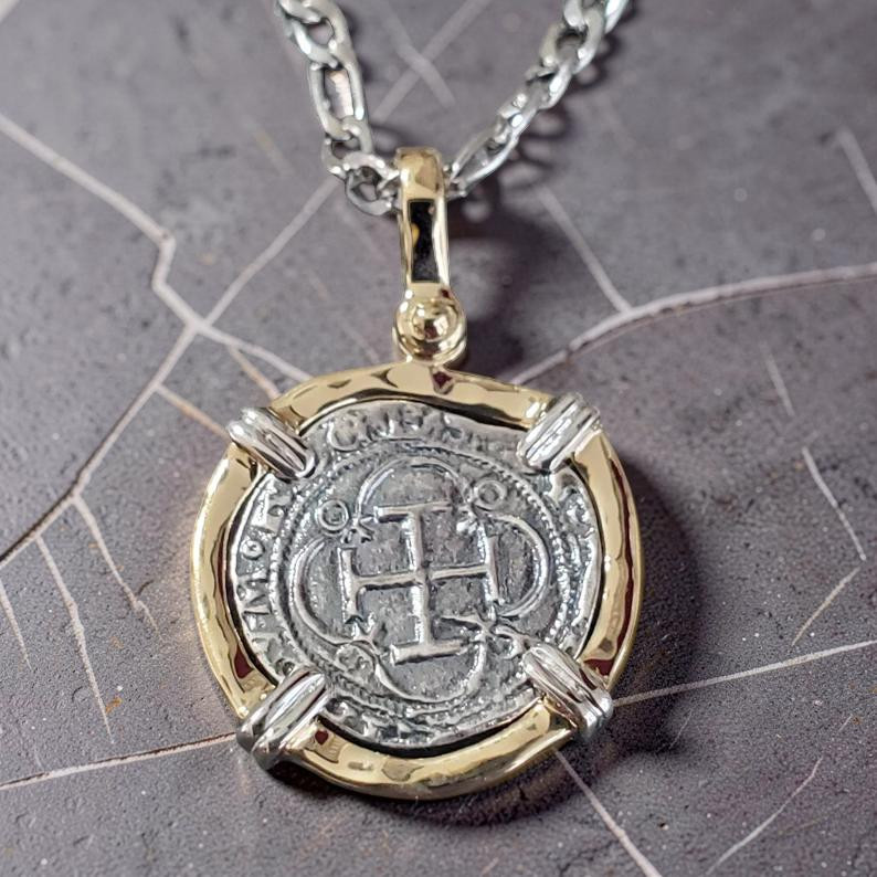 Atocha Shipwreck Silver Coin Pendant 14K Gold Overlay Chain Pirate Treasure
