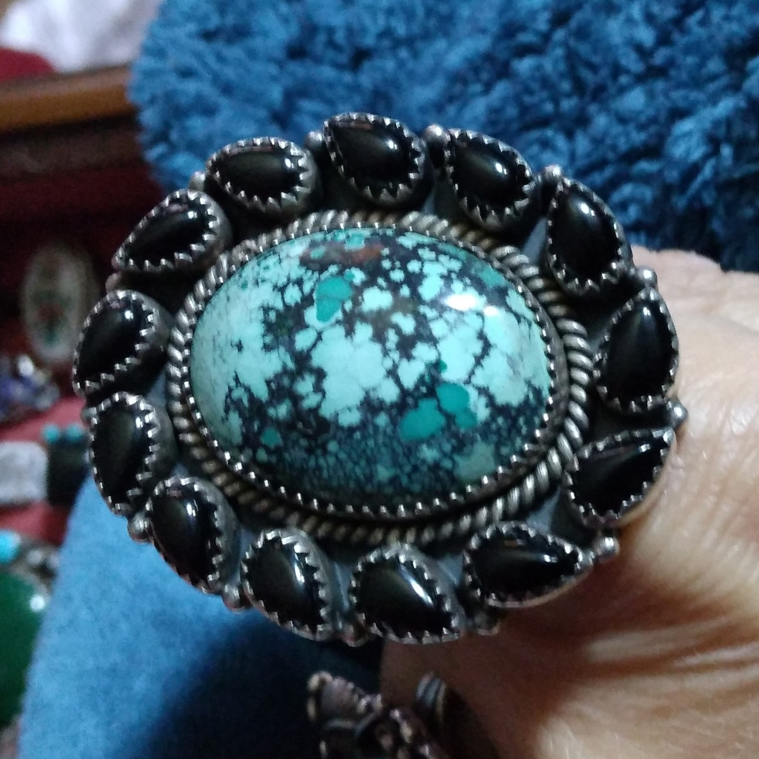 925 Sterling Silver Full Finger Ring Adjustable Oval Turquoise & Black Onyx