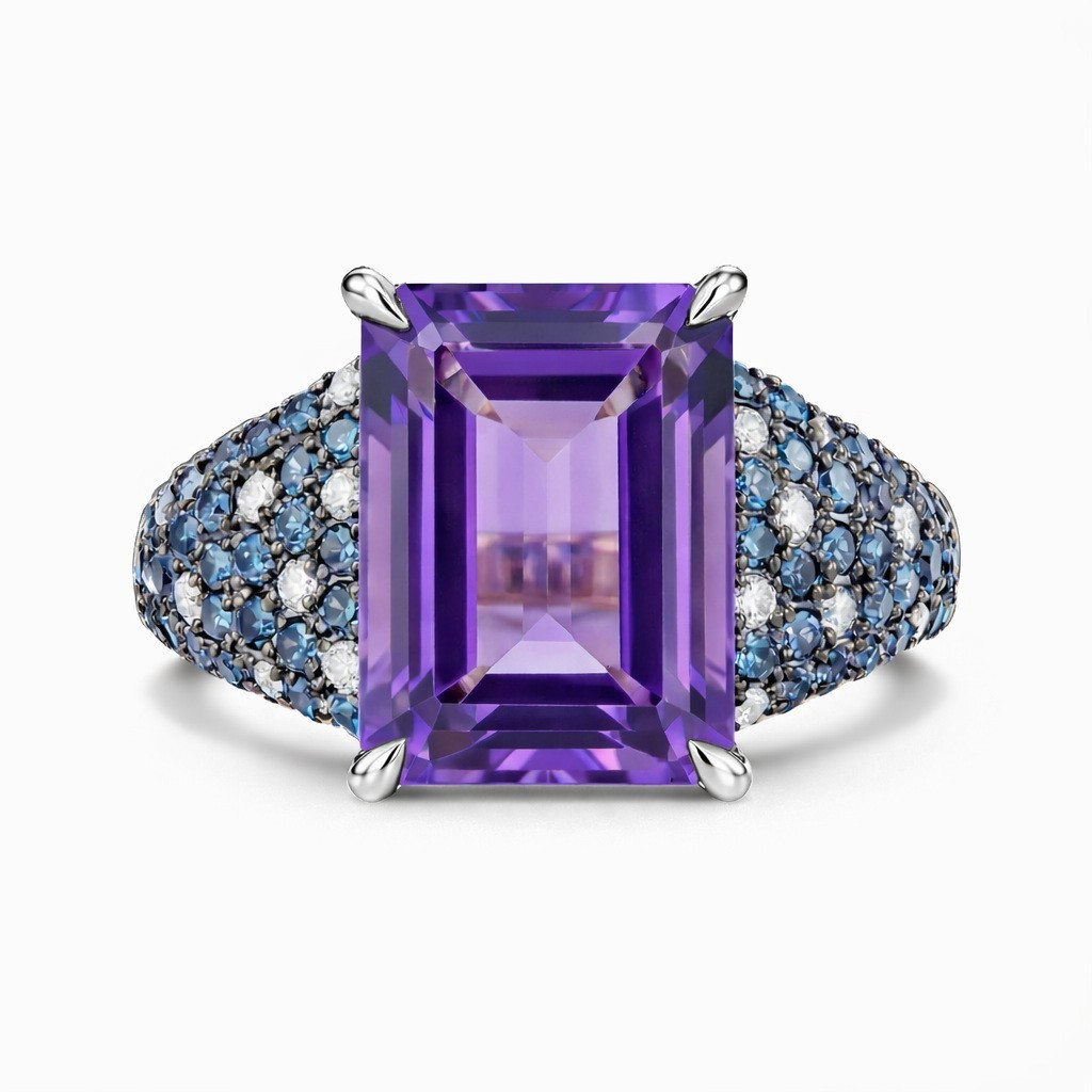 925 Sterling Silver African Amethyst Ring Emerald Cut Stone with Blue & White CZ