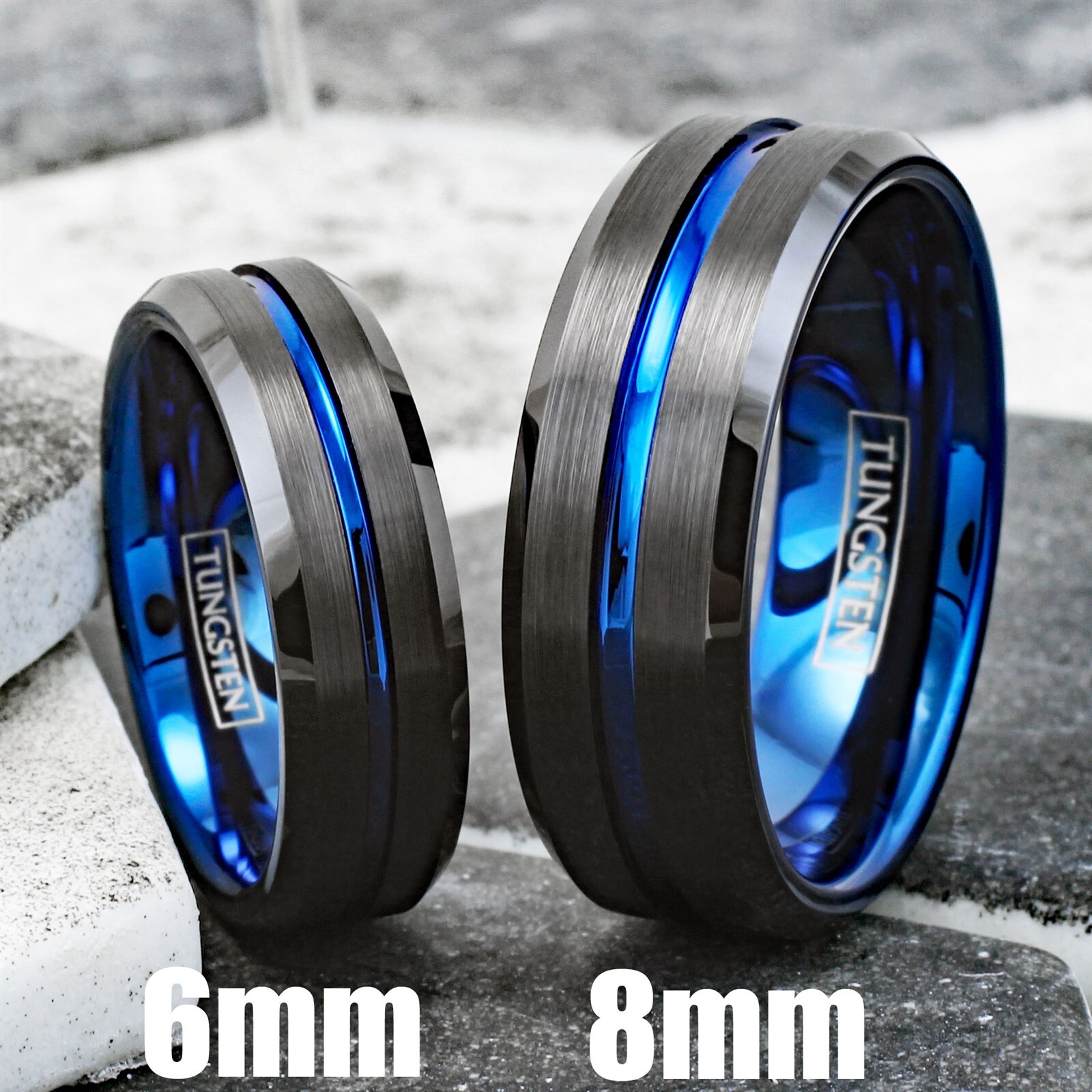 6/8mm Tungsten Carbide Men’s Ring Thin Blue Line Black Brushed Wedding Band