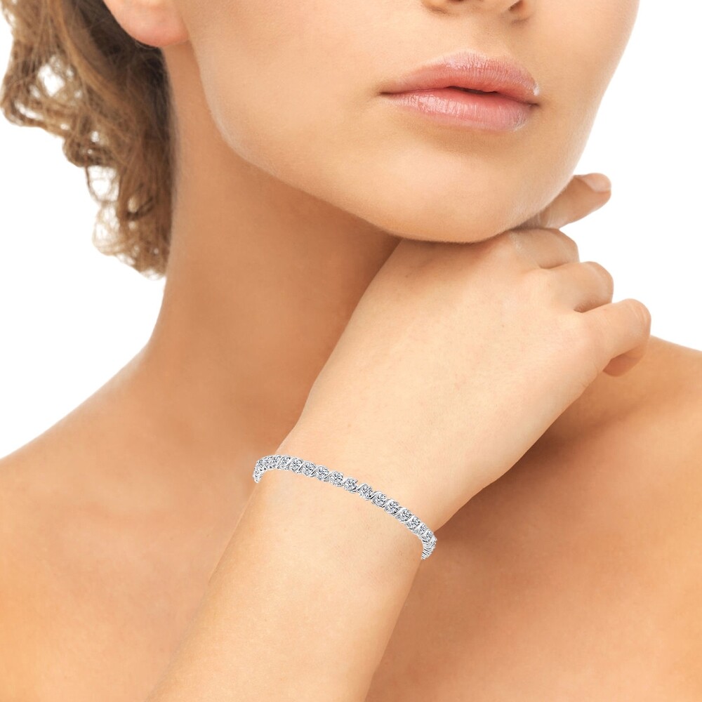925 Silver Polished Created White Sapphire S Design Bar Classic Tennis Bracelet
