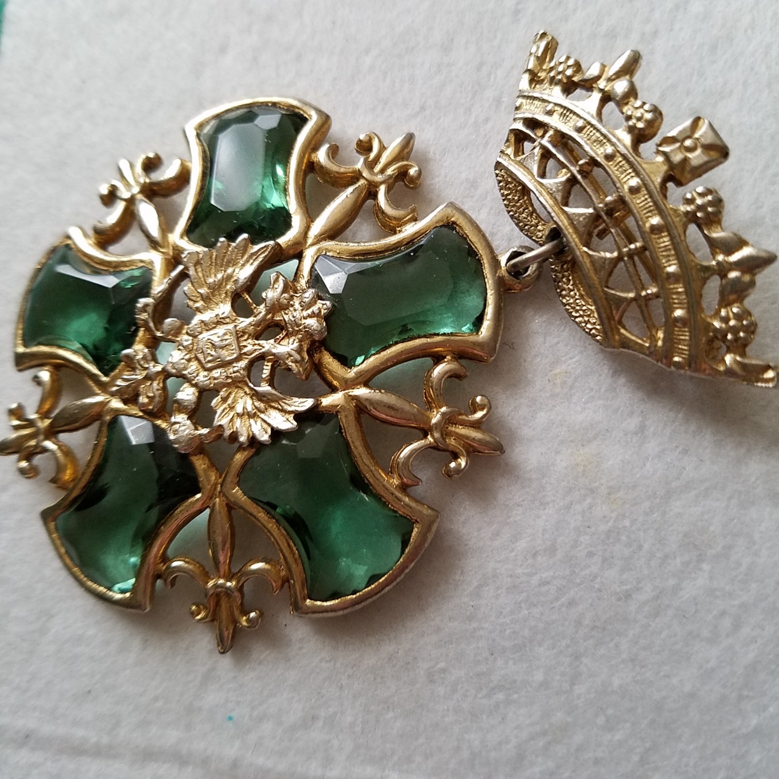 Vintage Crown Doubled-Headed Eagle Shield Green Rhinestone Fleur de Lis Brooch
