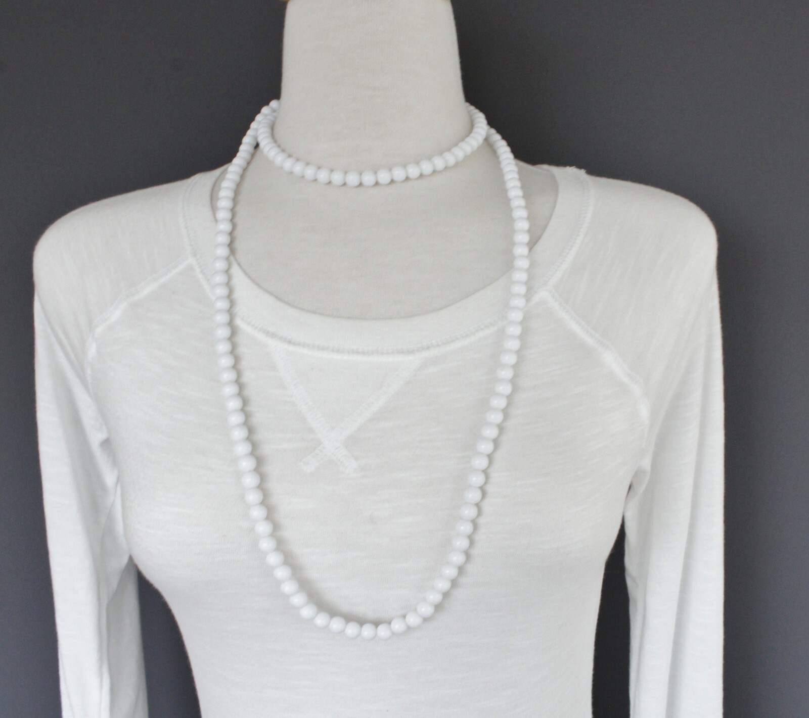 White bead long necklace extra long 44″ necklace beaded wrap double look wrapped