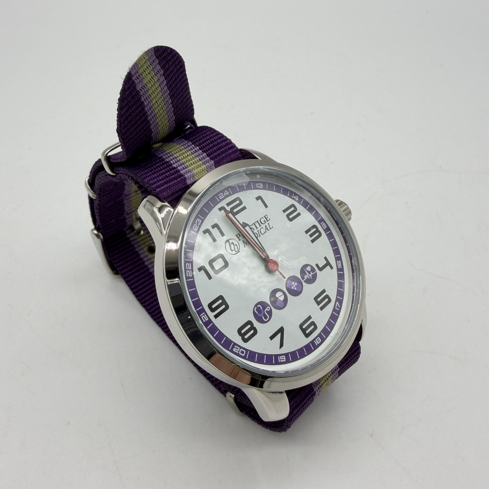 Prestige Medical women’s nurse watch water-resistant striped nylon strap -Purple