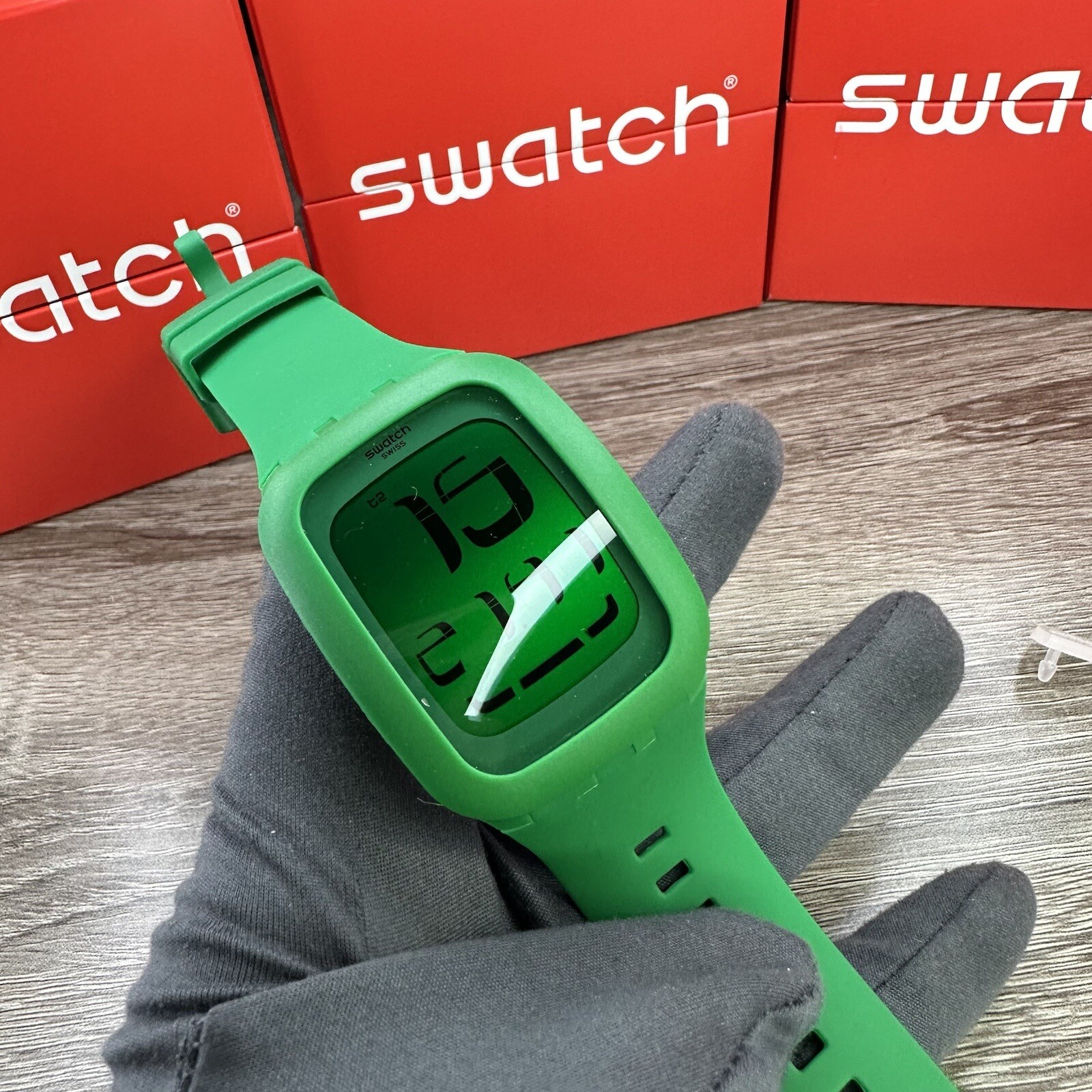 NEW✅ Swatch Touch Yellow SURG102 Green Dial Green Silicone Digital Unisex Watch