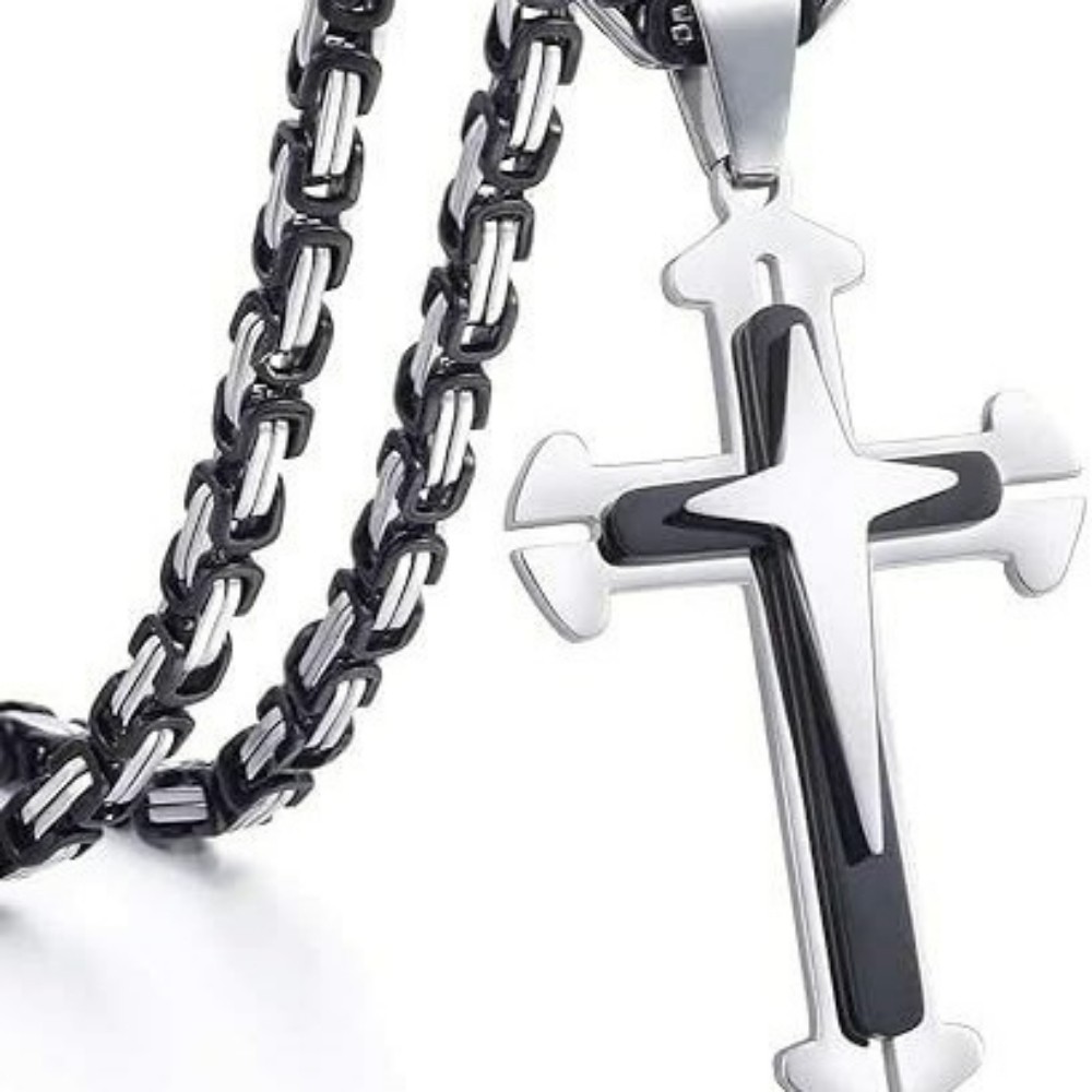 Men’s Heavy Solid Christian Cross Pendant Necklace Three Layer Stainless Steel
