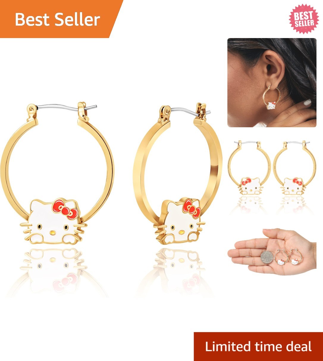 Charming Hello Kitty Medium Hoop Earrings – Officially Licensed Gold Tone Design