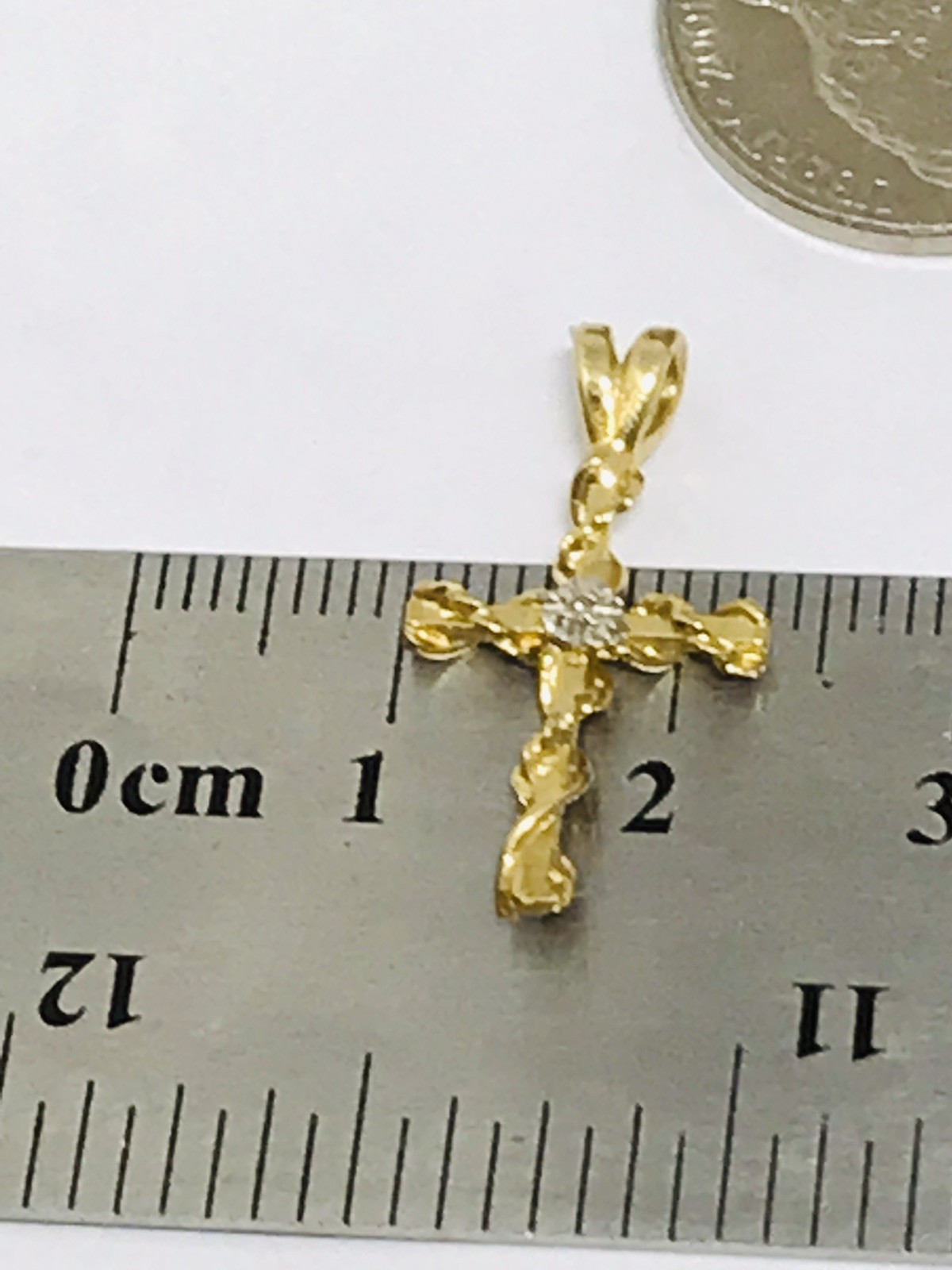 14K Yellow Gold Cross Pendant And White Gold Accent Diamond Chip Accented Center