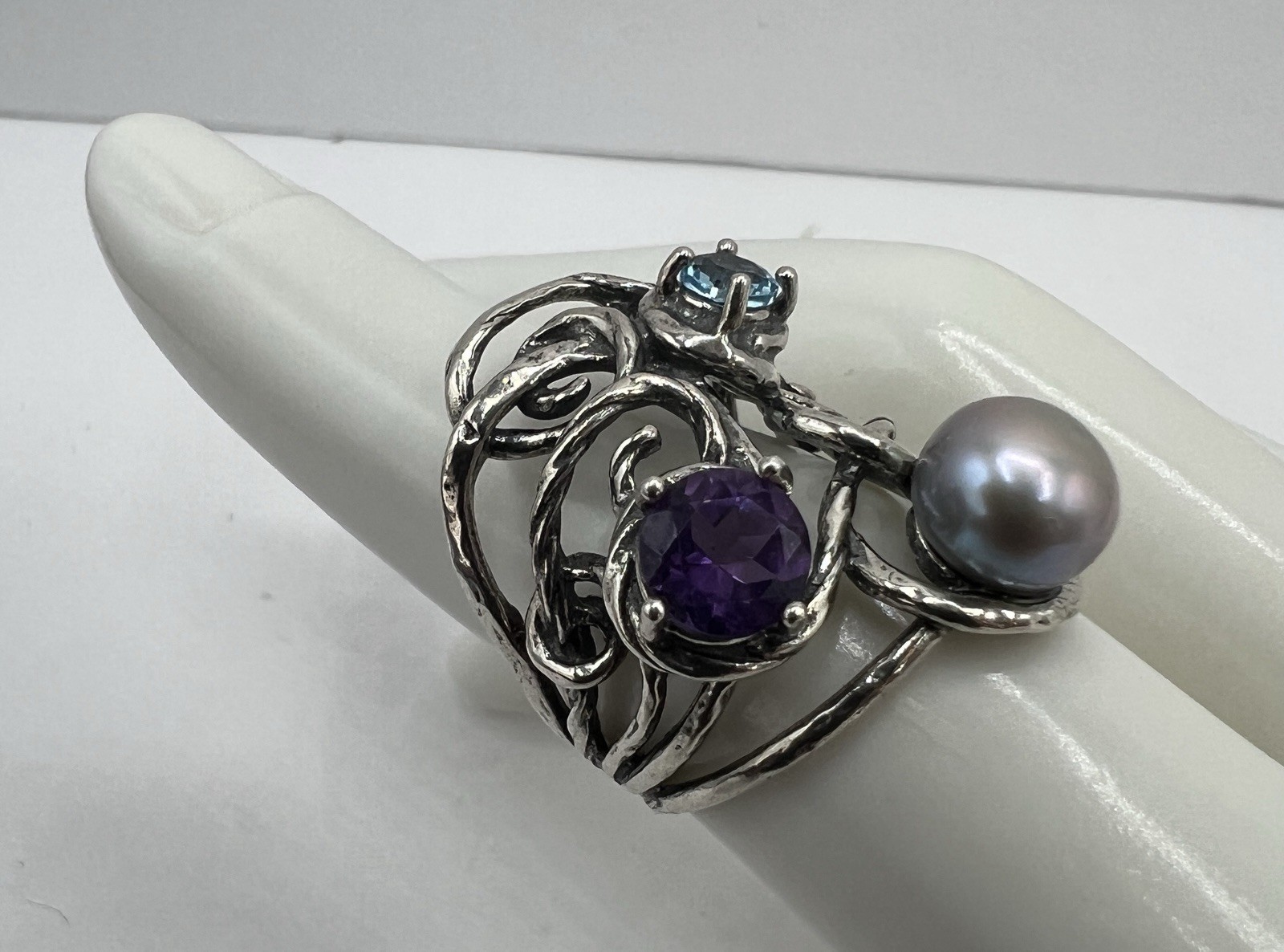 PZ Paz Creations Sterling Silver Pearl Amethyst Topaz Brutalist Split Shank Ring