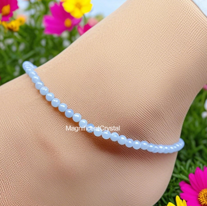 Blue Lace Agate Anklet Blue Gemstone Beaded Anklet Healing Summer Women Gift