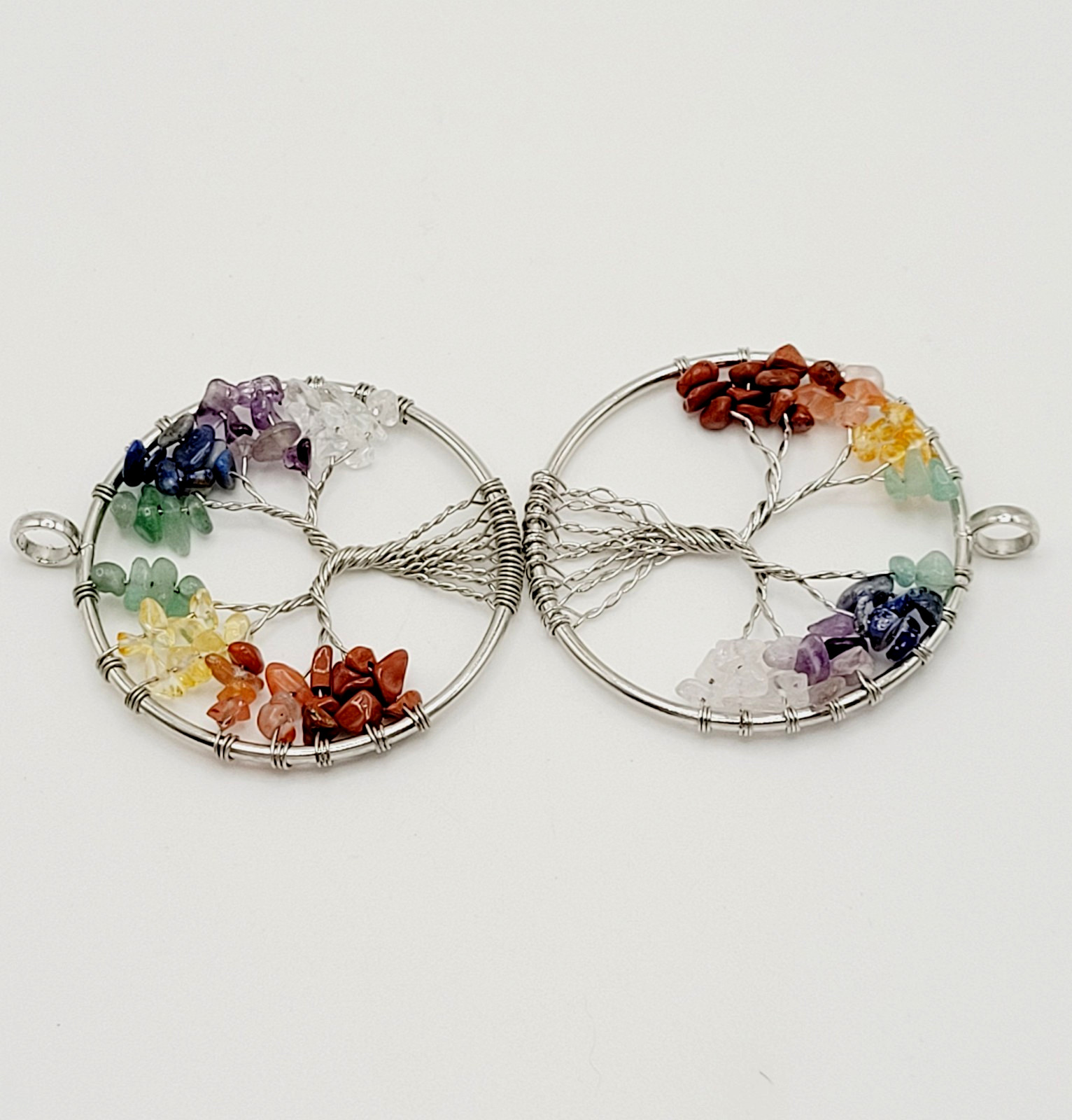 2 Tree of Life Silver Tone Twist Crystal Multi Stone Seven Chakras Round Pendant