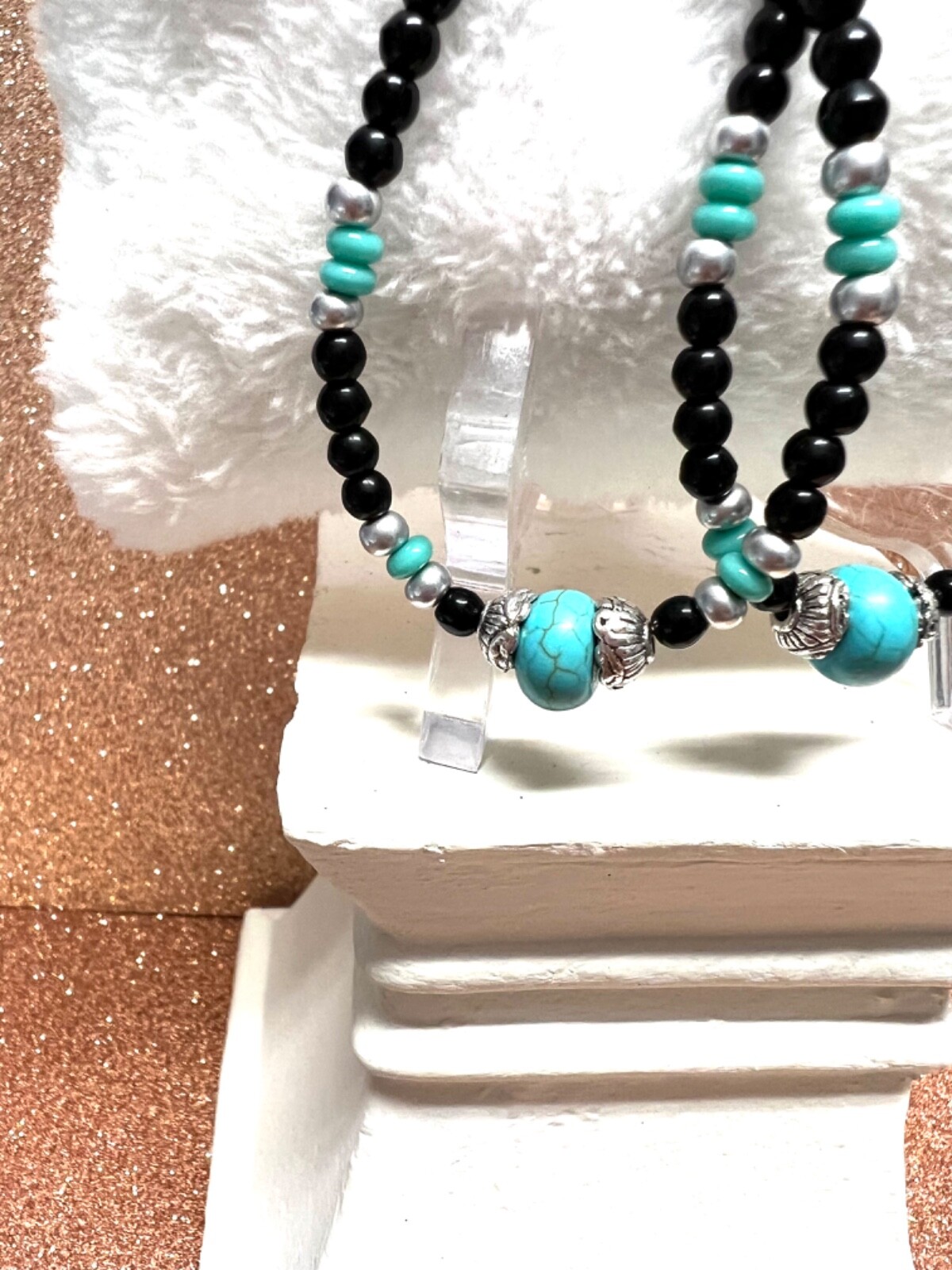 Black Seed Bead Teardrop Sterling Earrings W Turquoise Roundelle Beads 3 3/4 In