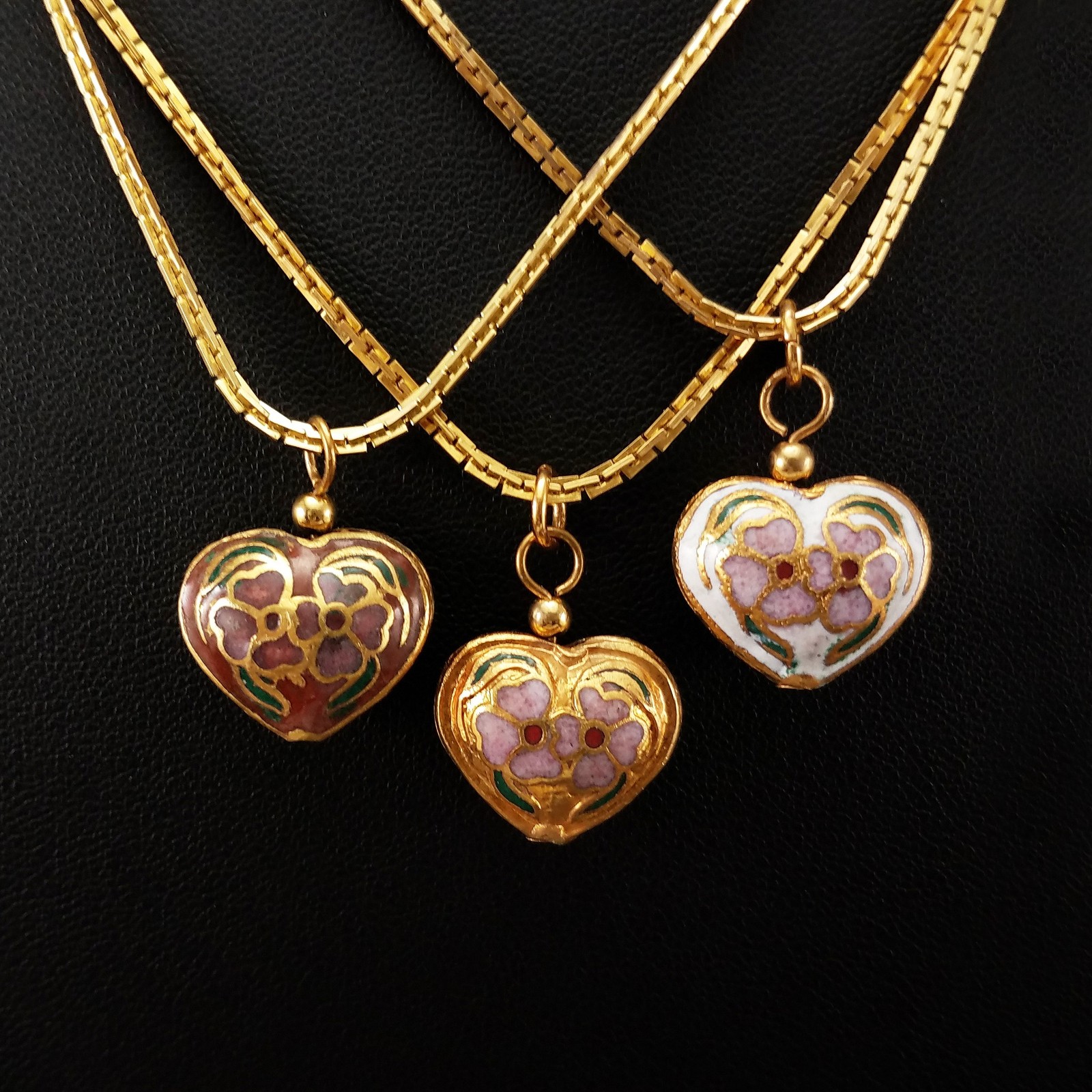 Vintage Cloisonne Puffy Heart Charm Necklaces Only Gold & White Left in Stock