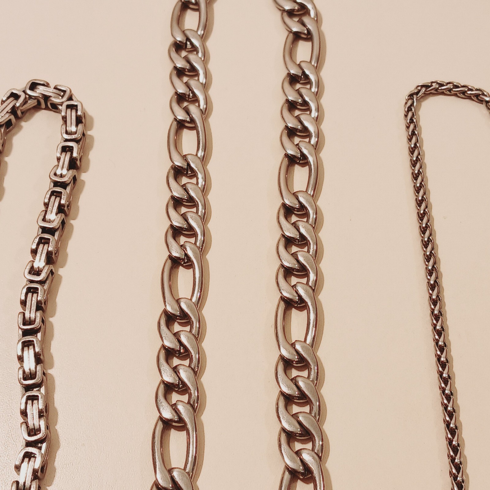 Stainless Steel Jewelry Set Lot: Byzantine Anklet 9″ Figaro Necklace 21″ Curb An