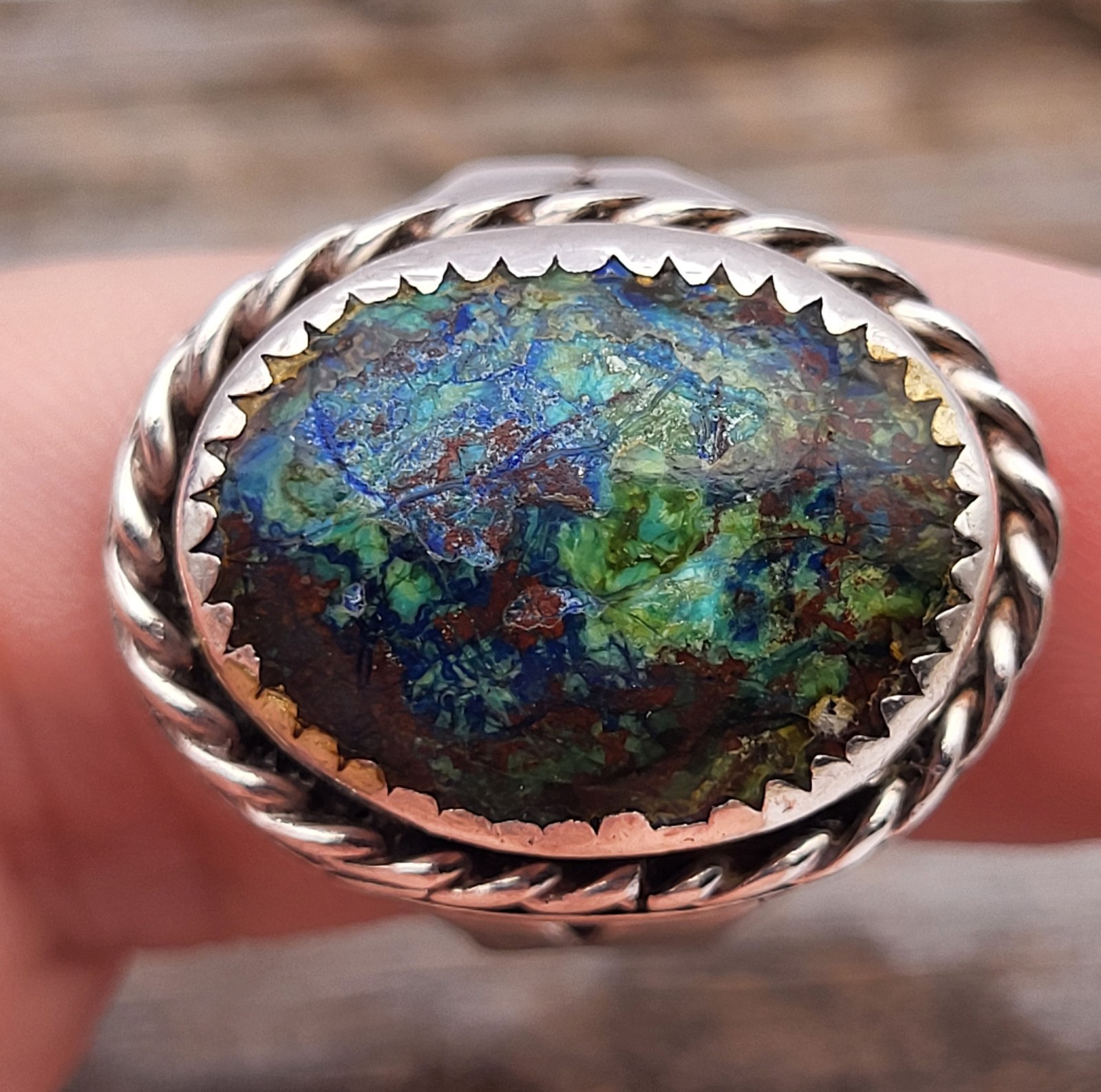 Beautiful Solid 925 Sterling Silver Oval Azurite Malachite Ring