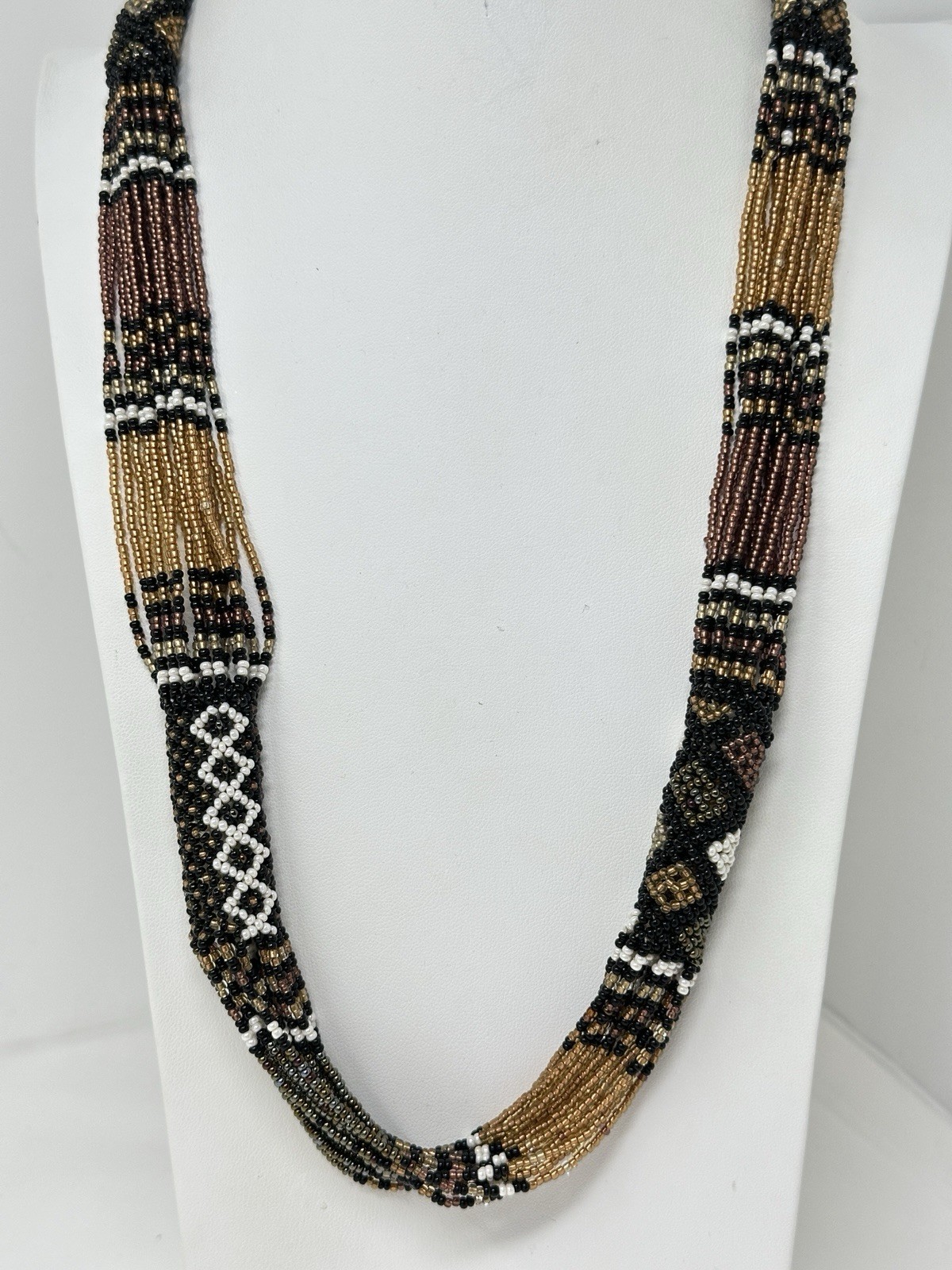 Vintage Multicolor White Gold Black Glass Seed Bead 26″ Necklace
