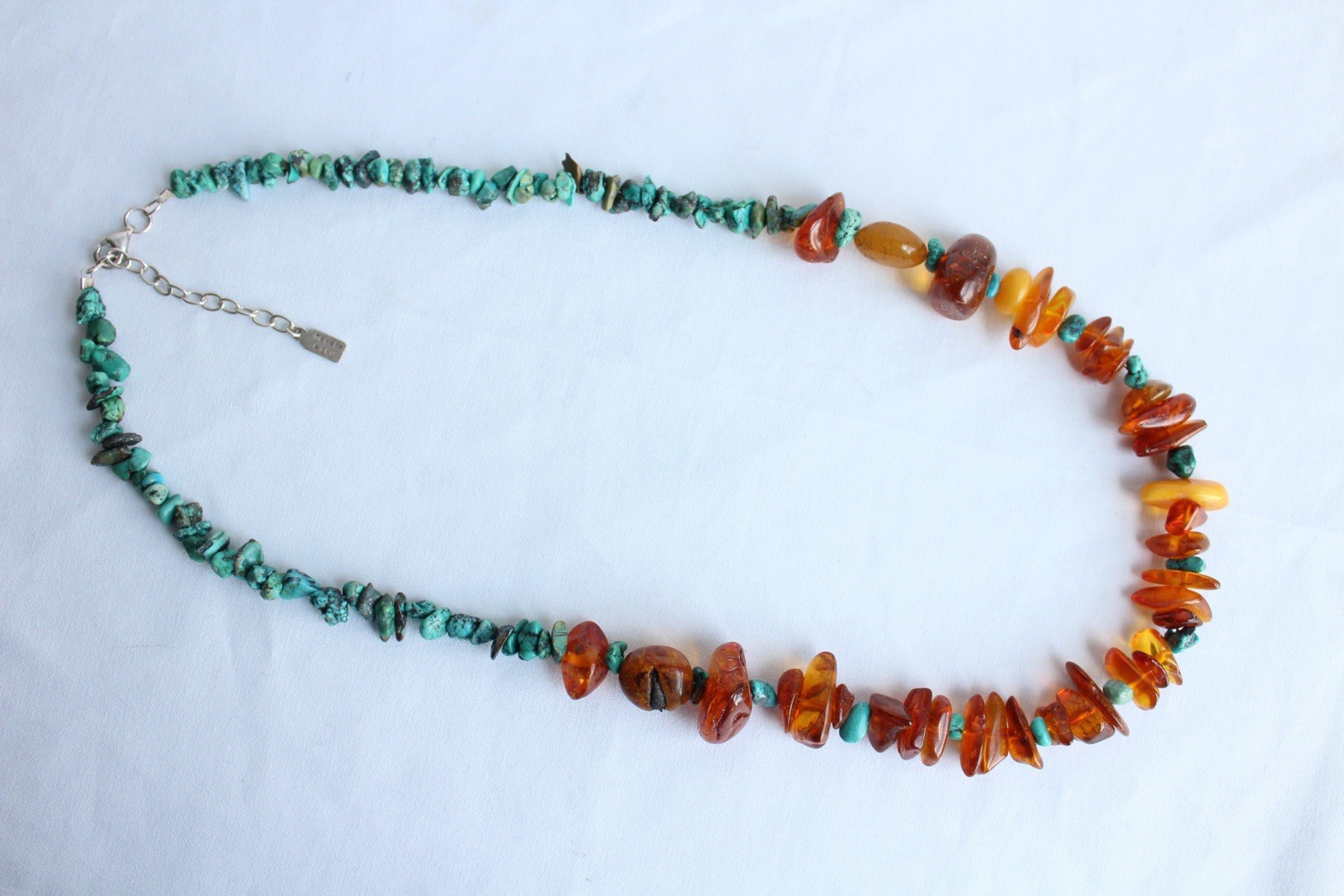Signed Peyote Bird Sterling Silver Genuine Amber Turquoise Beads Necklace 21.5”