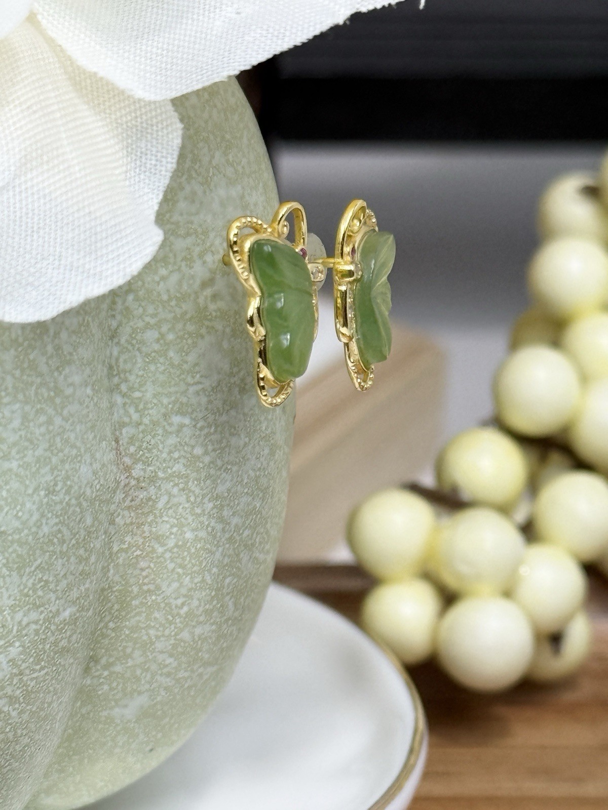 Hetian Jade Green Butterfly S925 Earrings 9.3/14.2MM