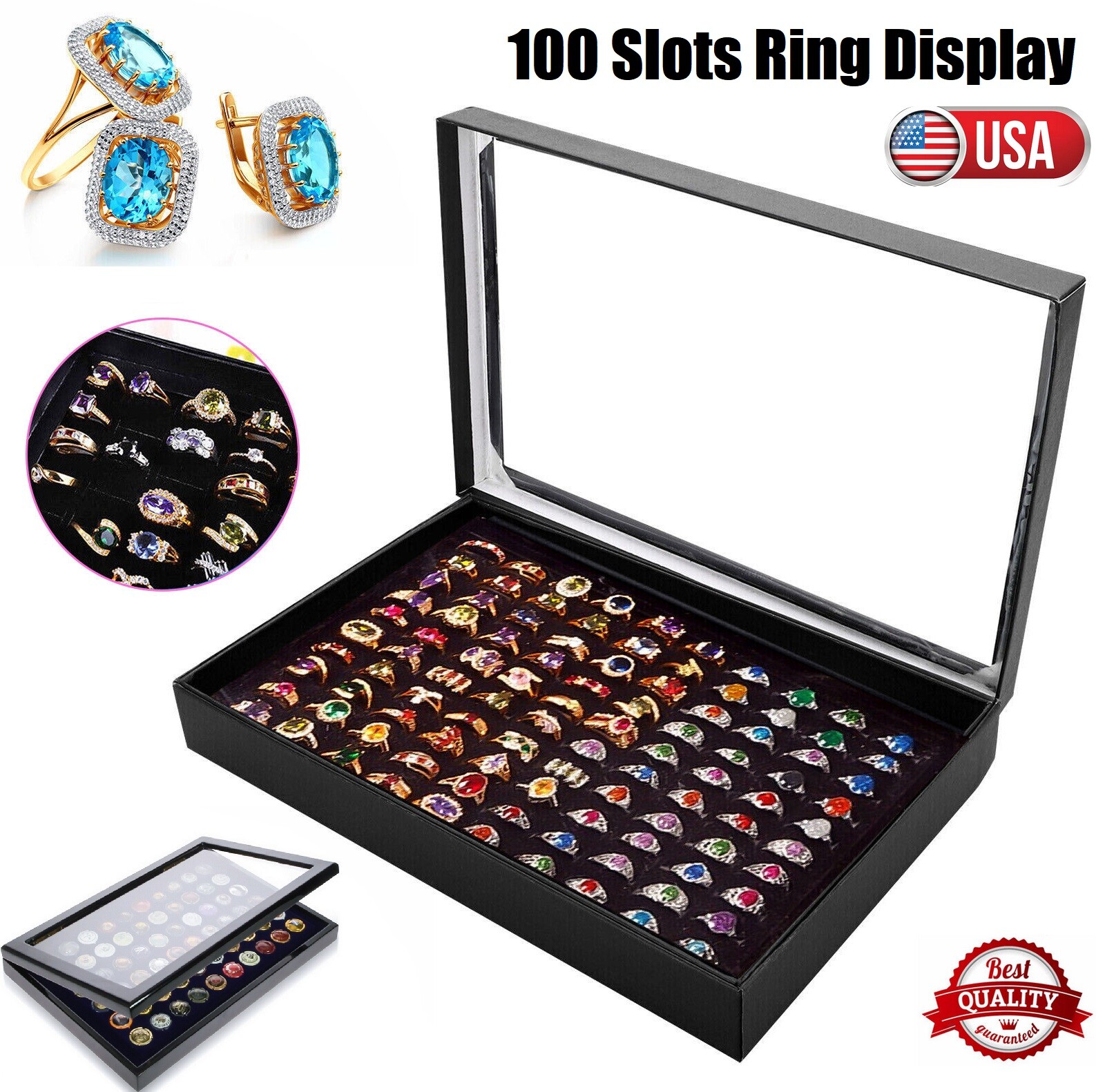 100 Slots Jewelry Ring Display Organizer Tray Holder Earrings Storage Boxes Case