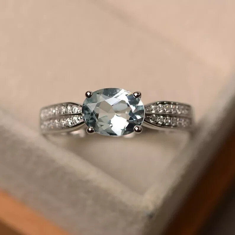 1.37 Ct Oval Cut Natural Aquamarine Diamond Anniversary Ring 14K White Gold