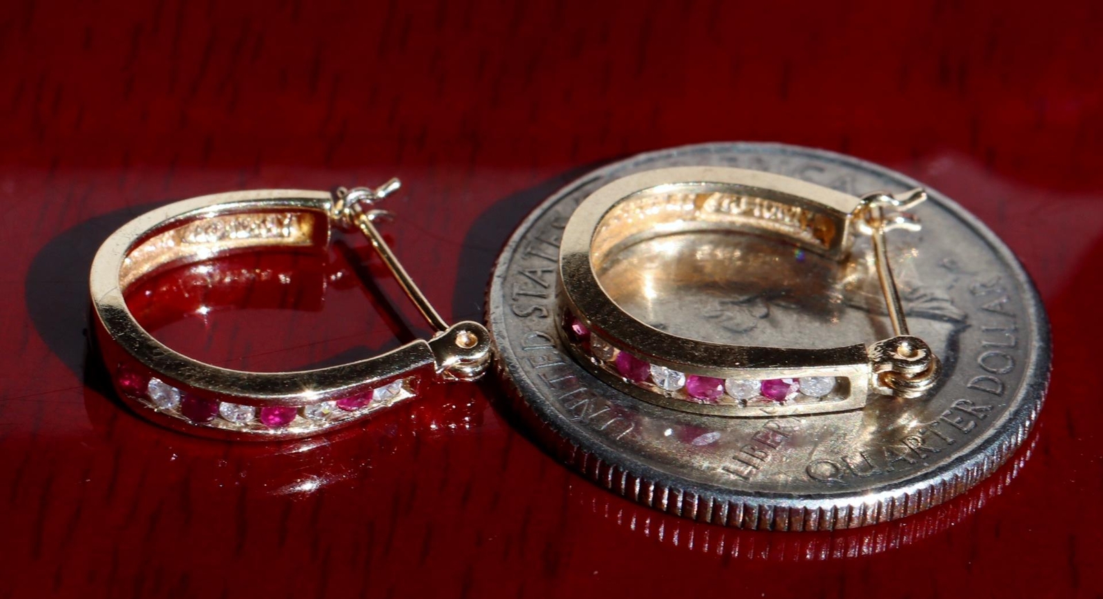 10k yellow gold earrings 0.27ct natural, treated ruby diamond hoop 2.20gr N3634