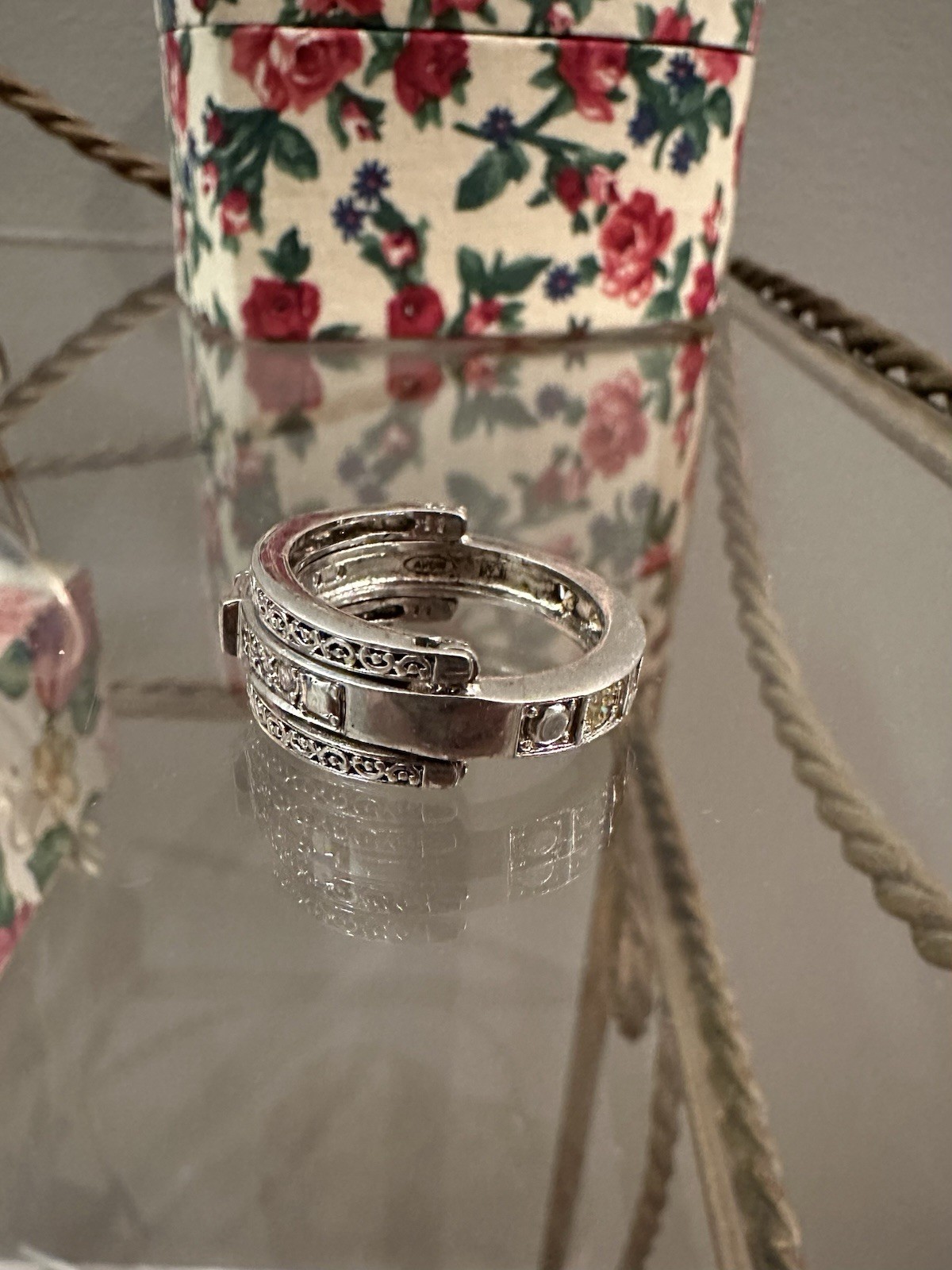 Vintage Avon Silver Tone Flip Ring with Multi Color Rhinestones Signed RJ Sz 10