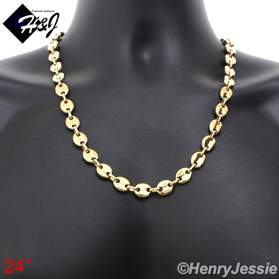 18″-40″MEN Stainless Steel 10mm Gold Plated Puffed Mariner Chain Necklace*GN139