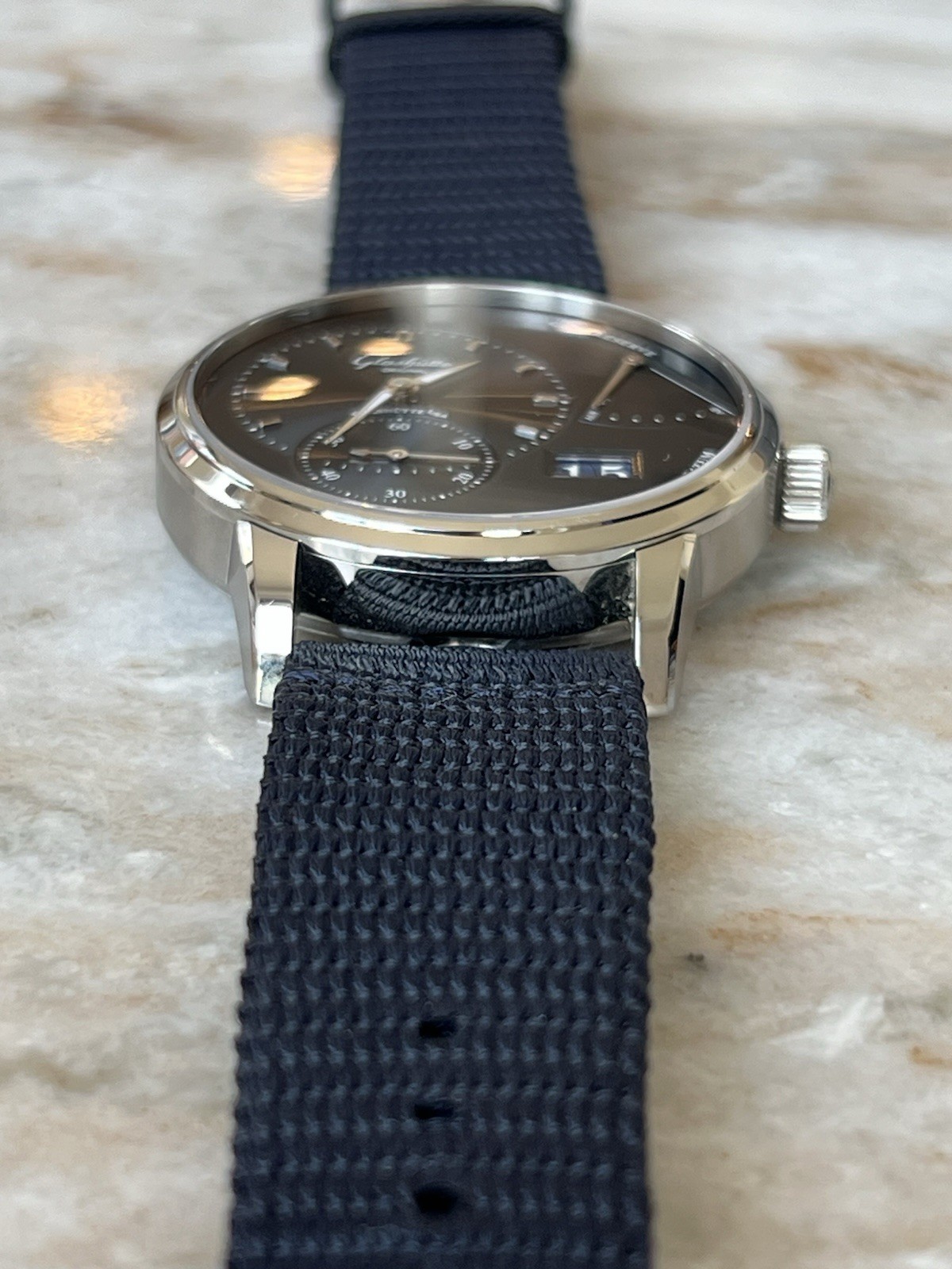 Glashütte Original PanoReserve Blue Dial Manual Date PR Nylon Strap Box Papers