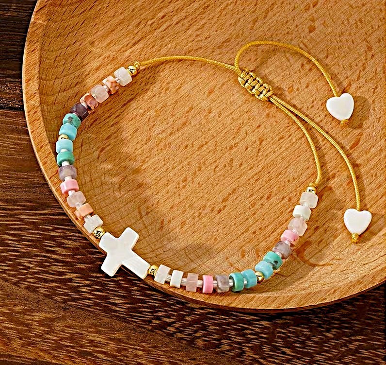 MOP SHELL CROSS w GEMSTONES BEADS Adjustable Drawstring Bracelet