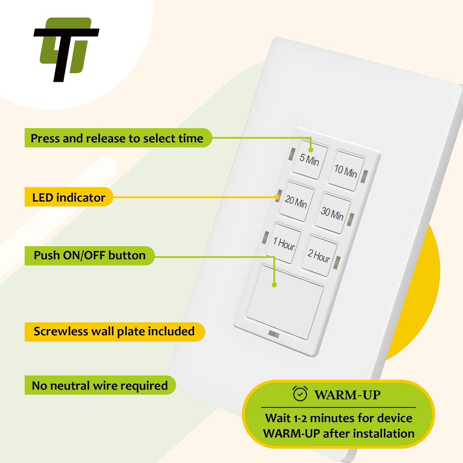 TG 2-Hour Countdown Timer Switch, 5-10-20-30 Min, 1-2 Hr, for Bathroom Fans, …