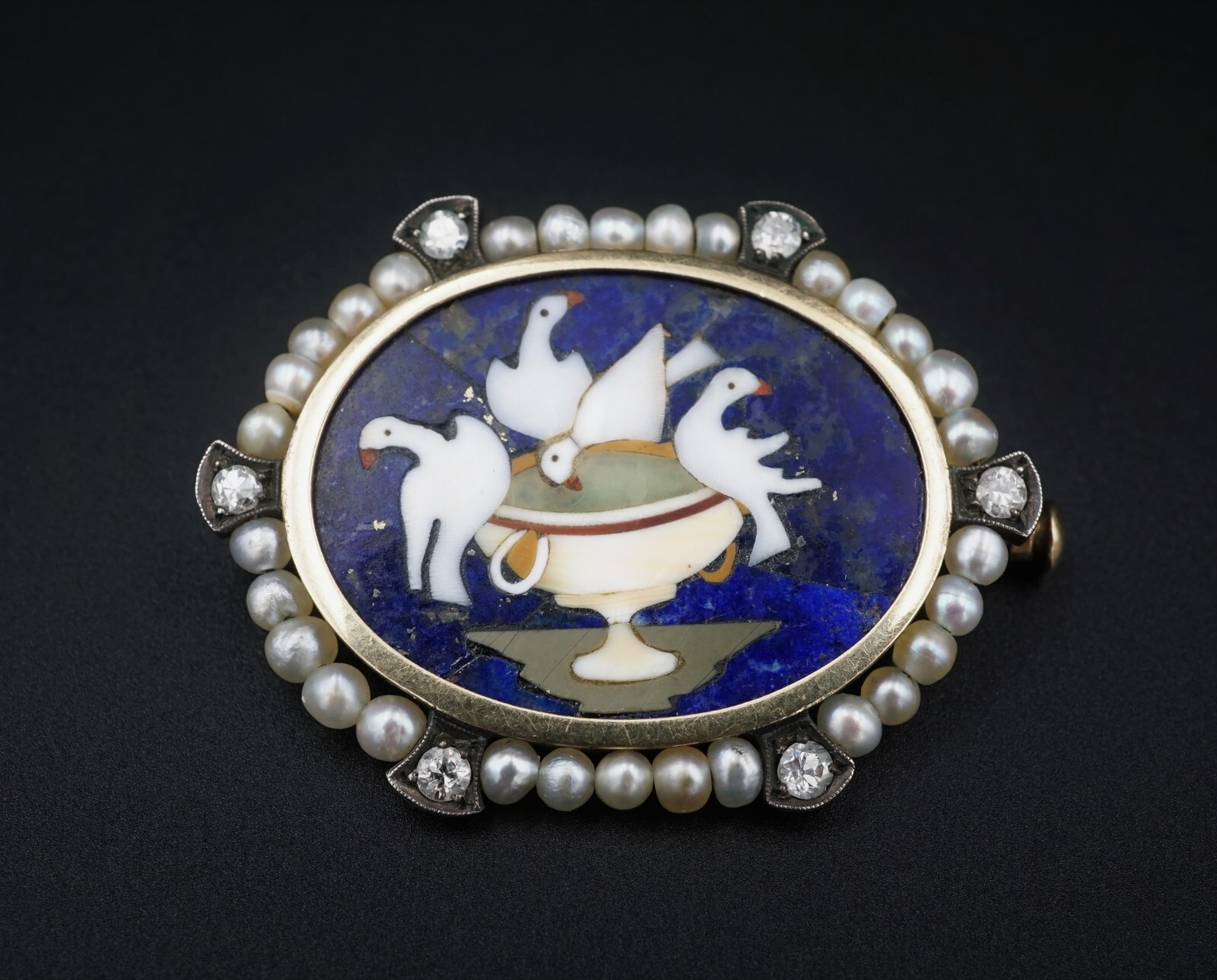 Antique 14k Pietra Dura Lapis Mosaic Pliny’s Doves Diamond Pearl Brooch OG393