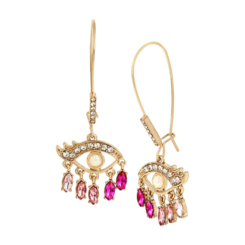 Betsey Johnson Evil Eye Dangle Earrings – Gold-Tone with Crystal Pave