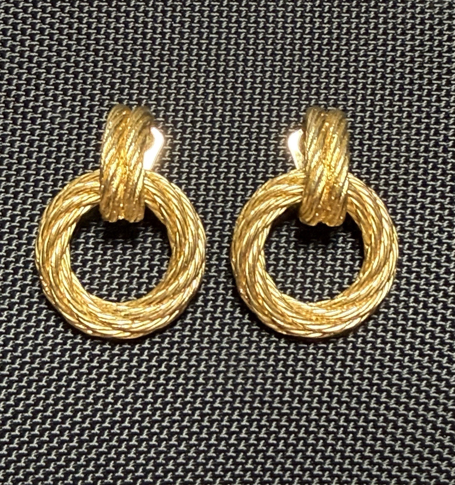 Vintage Christian Dior Signed Brushed Gold Twisted Rope Door Knocker Earrings