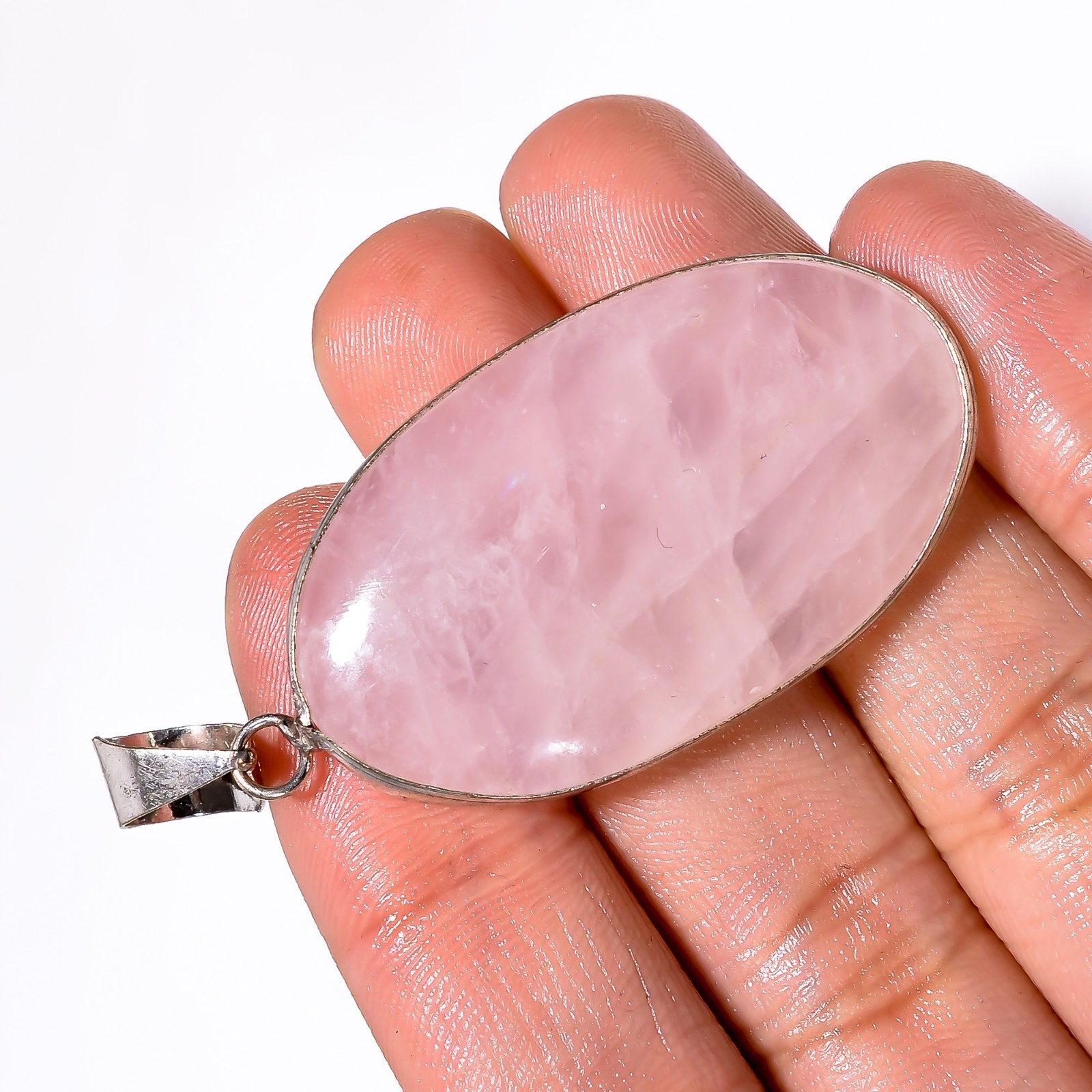 63.20Ct Rose Quartz OVAL 24X47X7MM Gemstone 925 Sterling Silver Pendant Jewelry