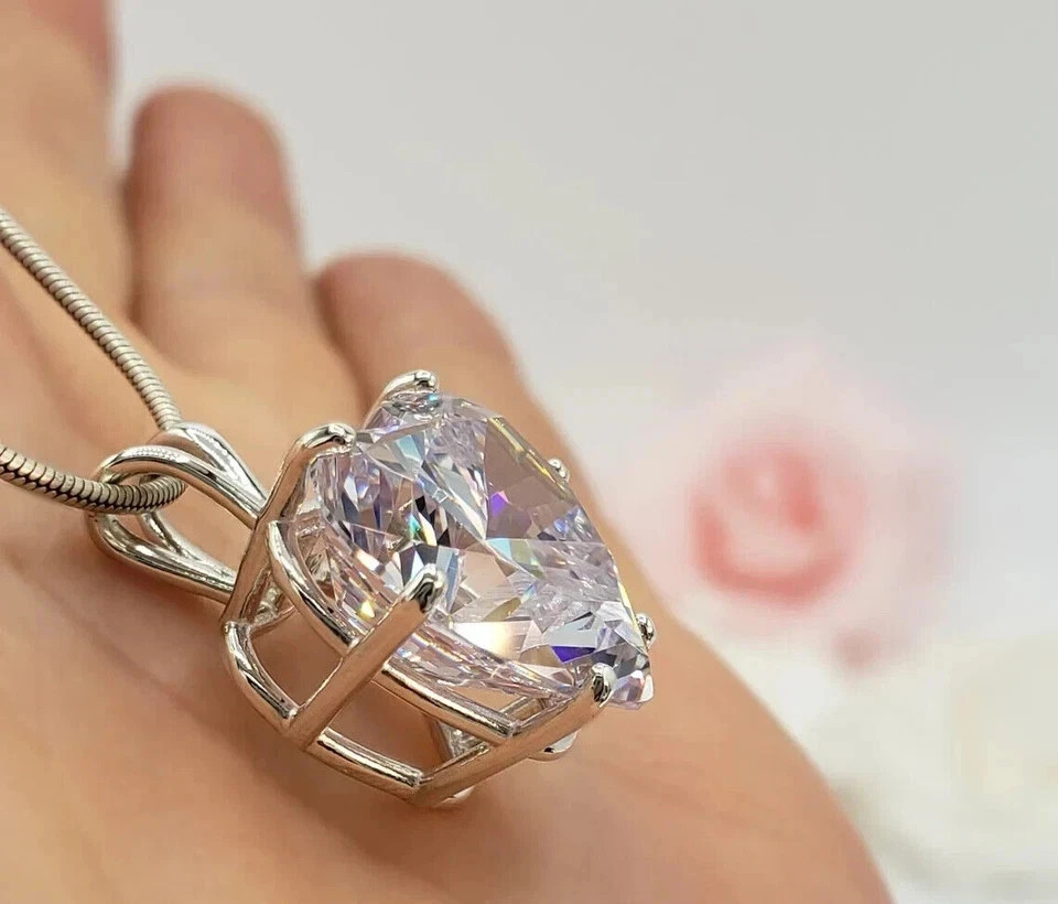 4CT Heart-Cut Moissanite Heart Shape Pendant 14K White Gold Plated 18″ Chain