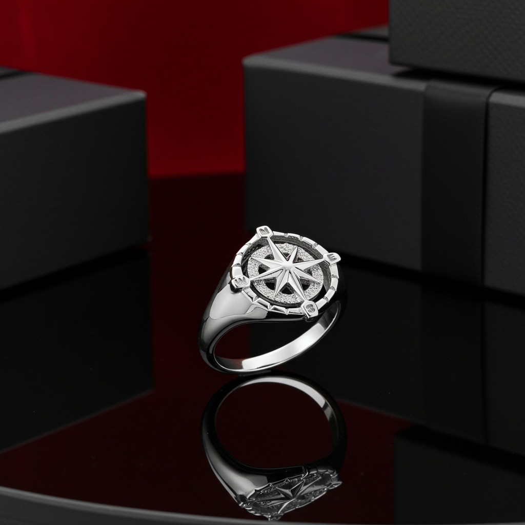 Sterling Silver Compass Ring for Women Polished North Star Compass Rose Signet