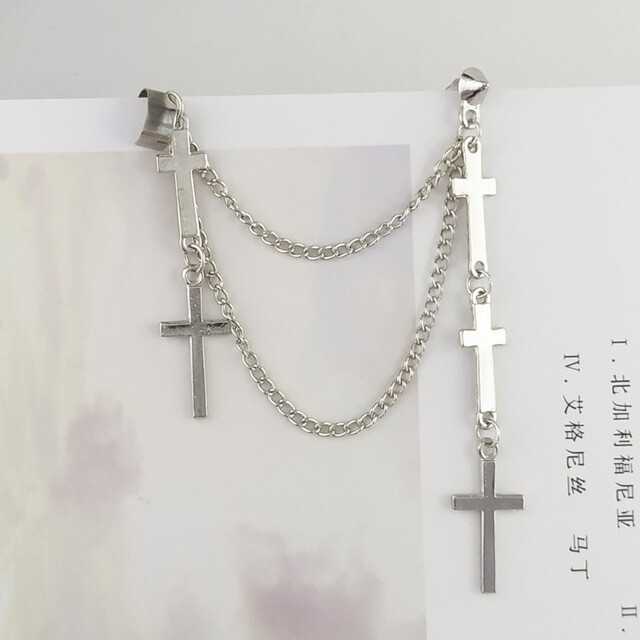 Gothic Punk Cuff Dangle Drop Cross Earrings Long Chain Stud Tassel Earrings P29