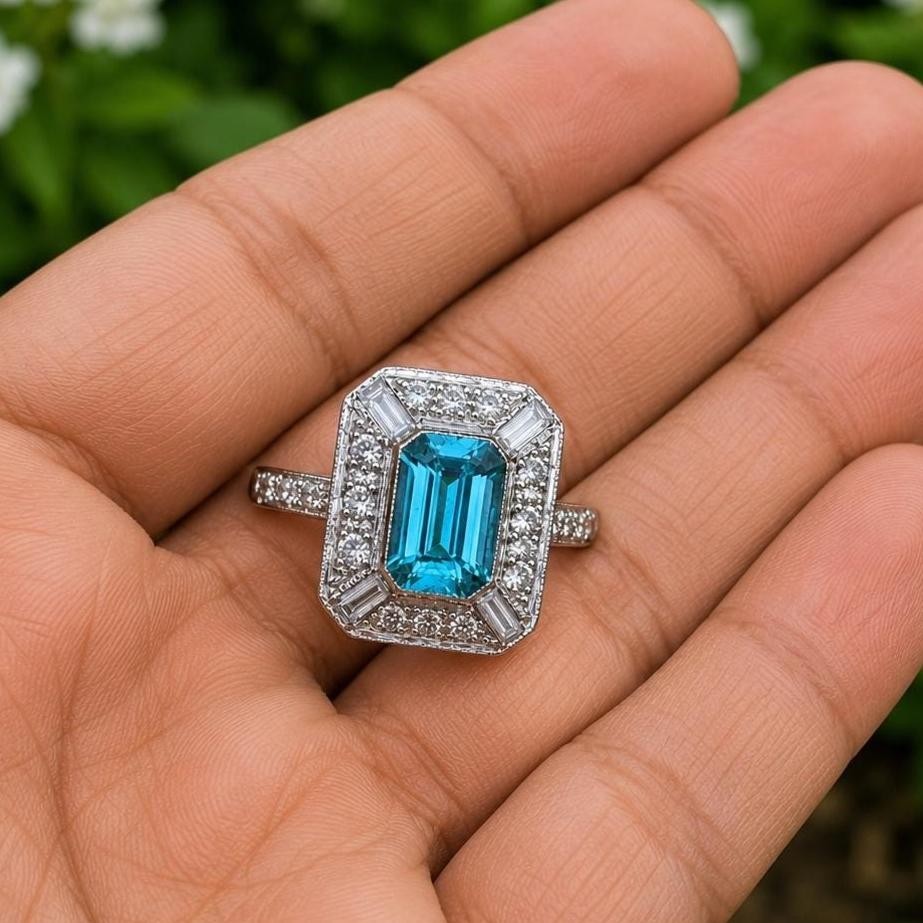 2.50Ct Emerald Lab Created Blue Topaz Halo Engagement Ring 14K White Gold Plated