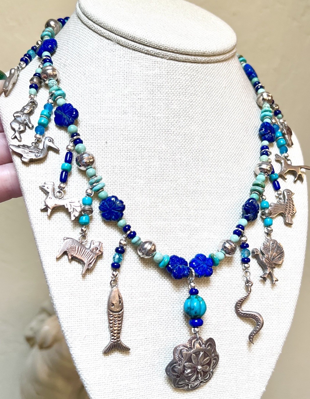 LOVELY Southwest Artisan Sterling Silver Turquoise, Lapis Milagro Charm Necklace