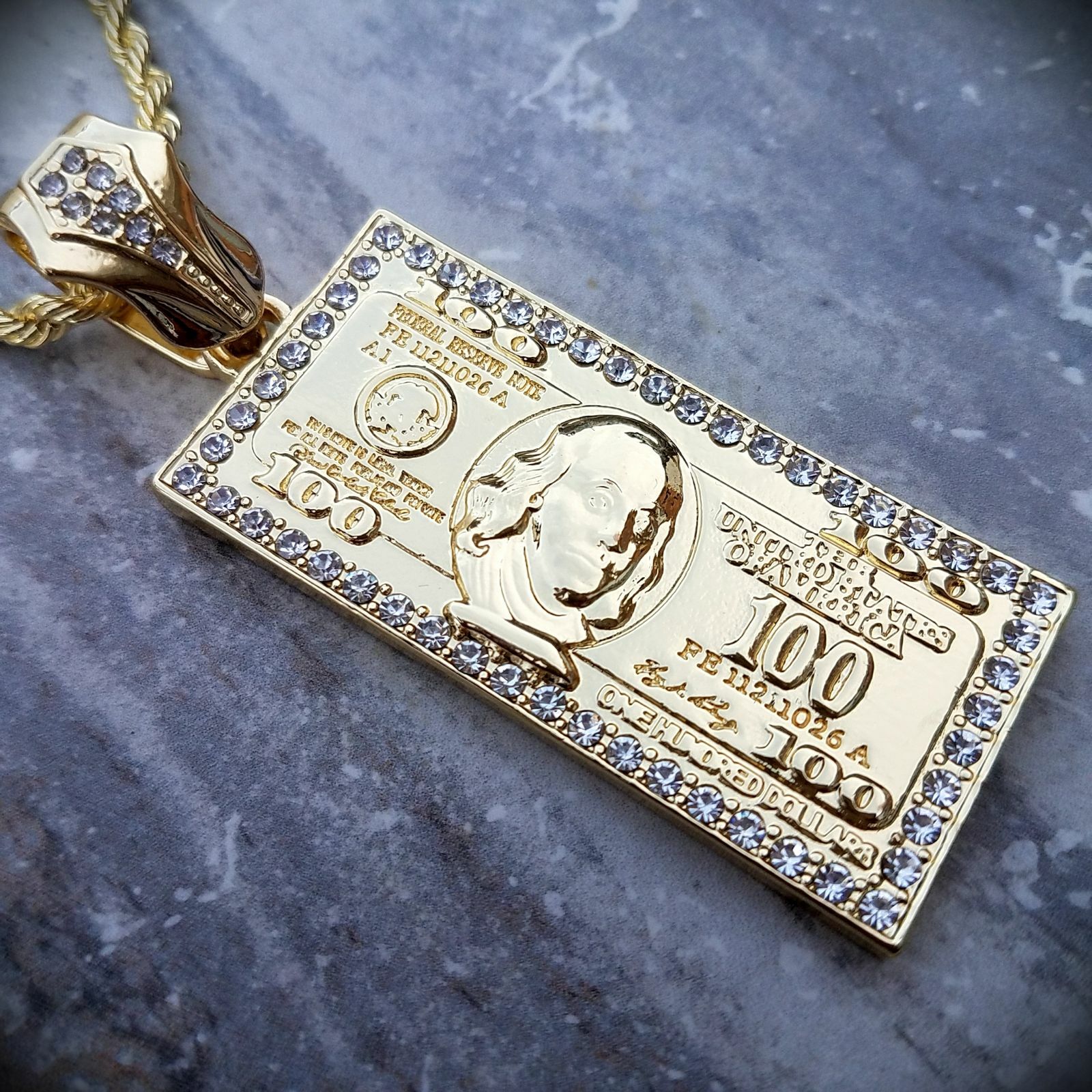Large Hundred Dollar Bill Benjamin Money Pendant w/ 5mm 30″ Rope Chain Necklace