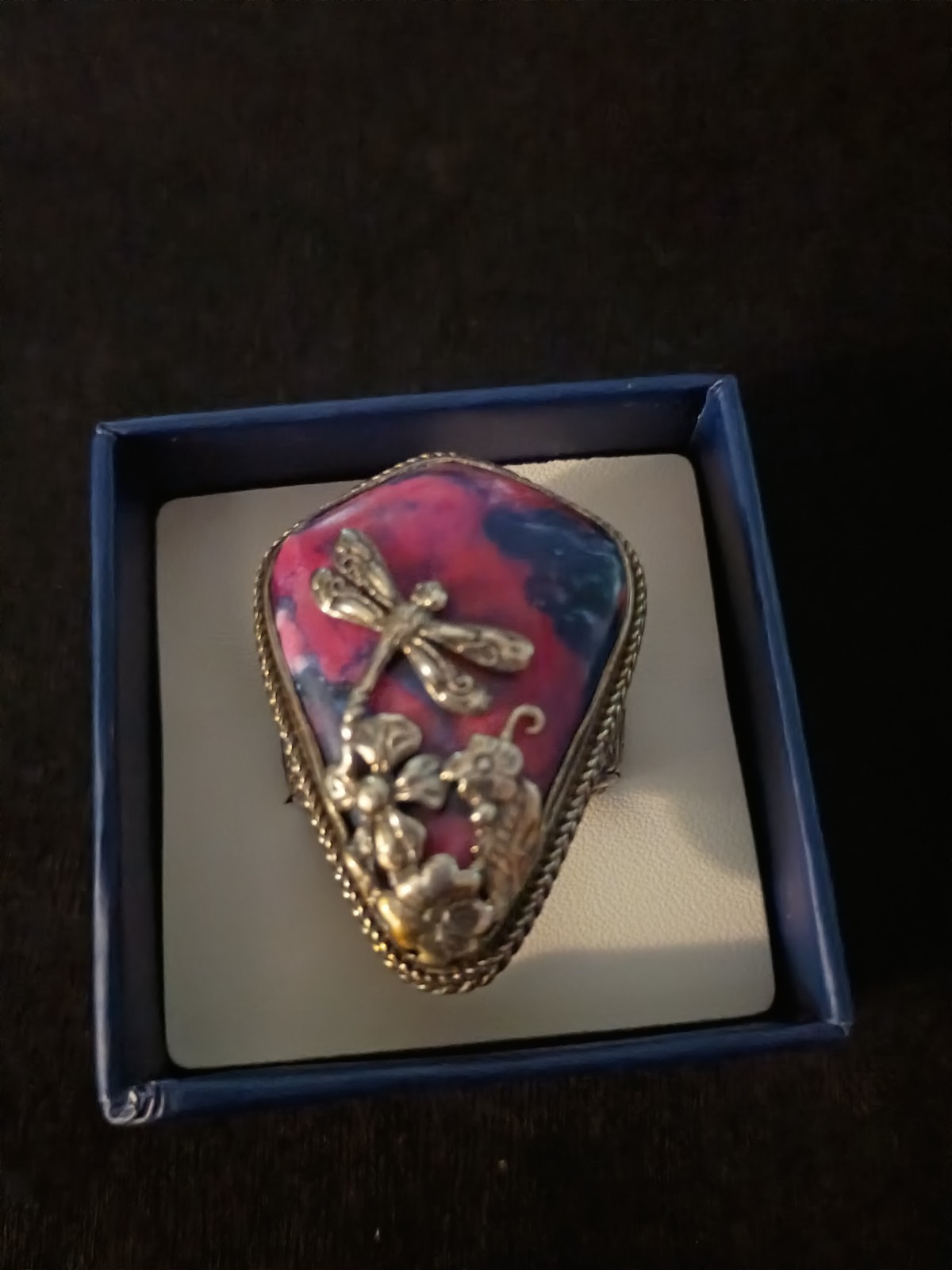 Sarda Bali Artisan Sterling Silver Dragonfly Tye Dye Stone Ring Sz 7 Purple Pink