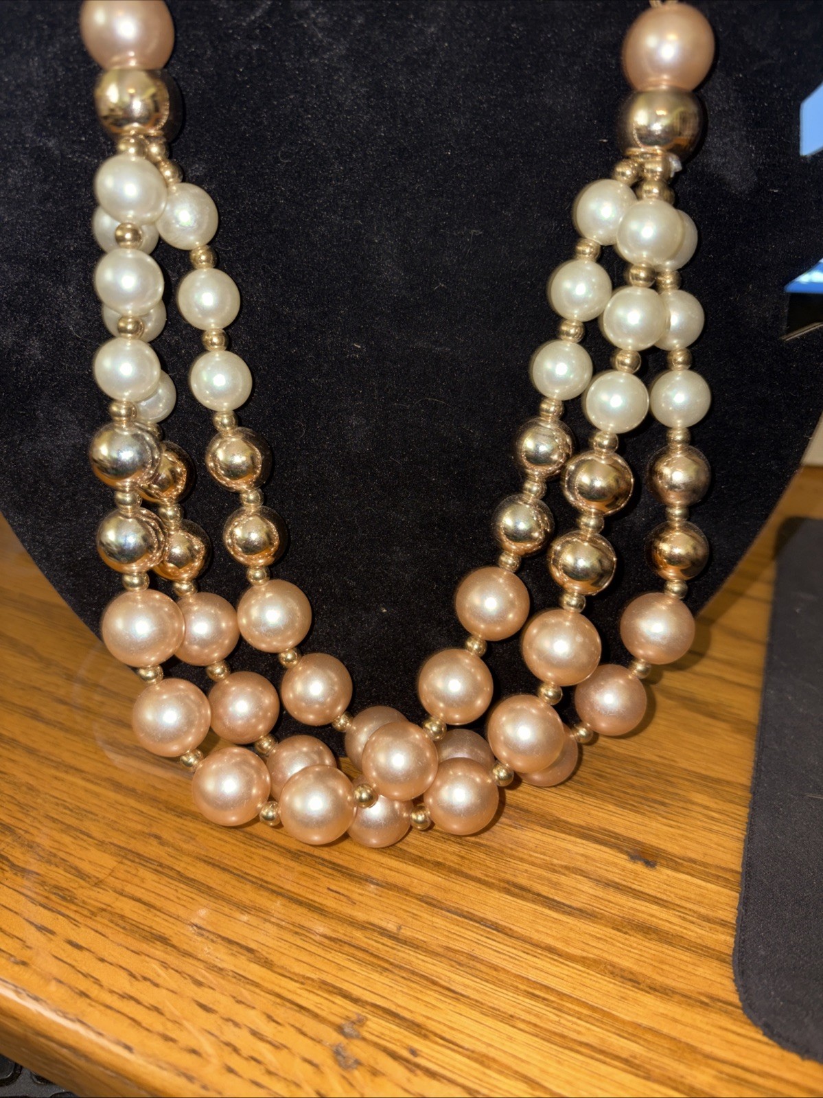 vintage pink champagne&cream faux pearls,multi strand.gold tone accented beads