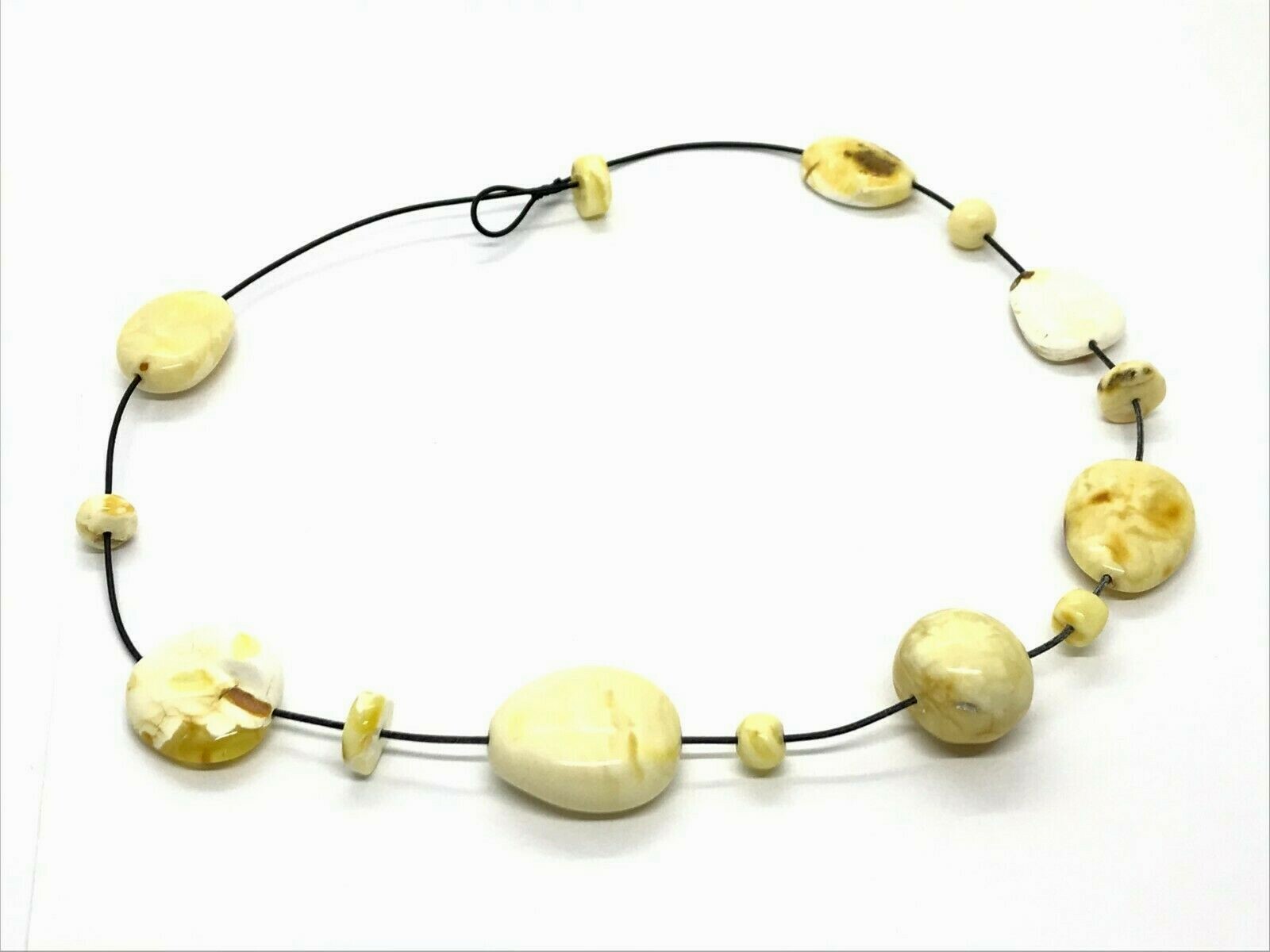 AMBER NECKLACE Gift Luxury Royal Yellow White BALTIC Beads Black Cord 30g 15365