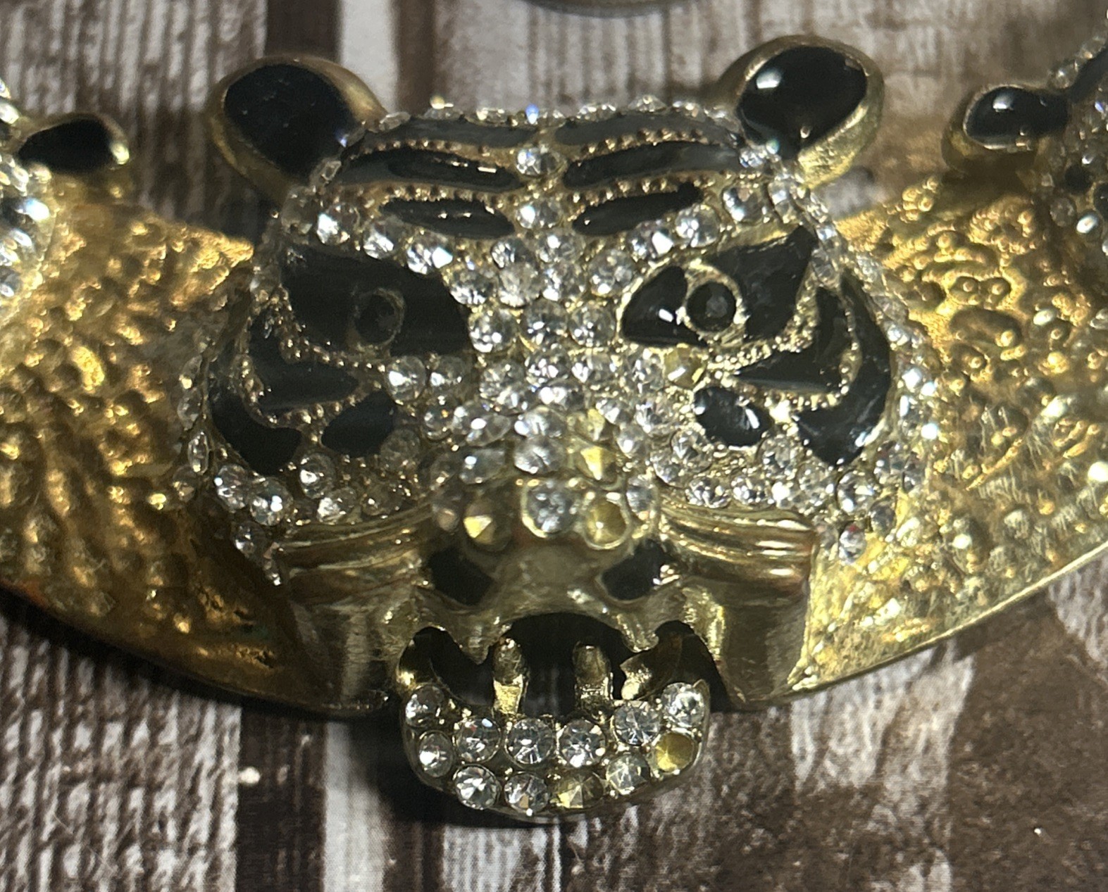 White Tiger Pendant on Hammered Brass with Diamond Rhinestones And Black Enamel