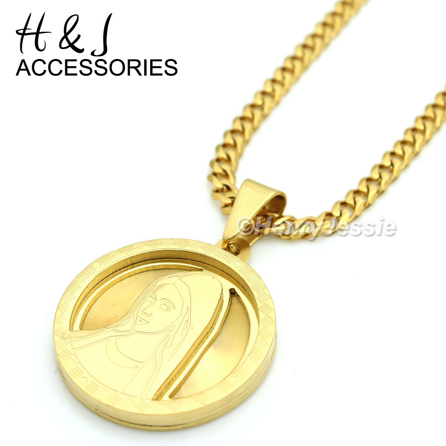 16-32″Stainless Steel 3mm Gold Plated Cuban Curb Chain VIRGIN MARY Pendant*P54