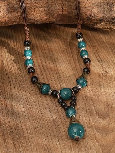 Vintage Bohemian Ethnic Colorful Ceramic Bead Long Y Necklace, Hippie Boho S01