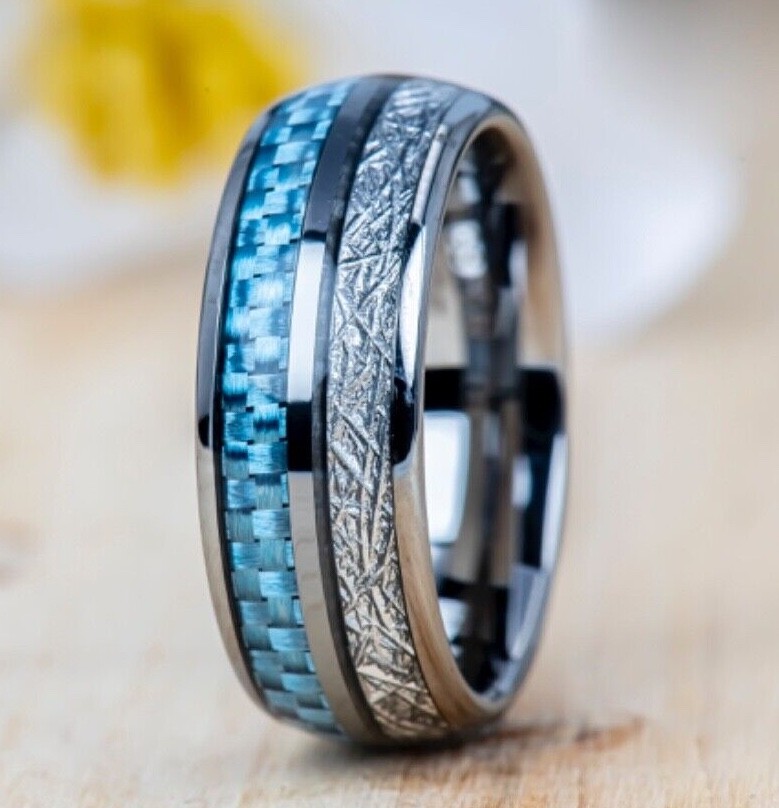 Tungsten Ring Imitation Meteorite & Blue Carbon Fiber Domed Mens Wedding Ring